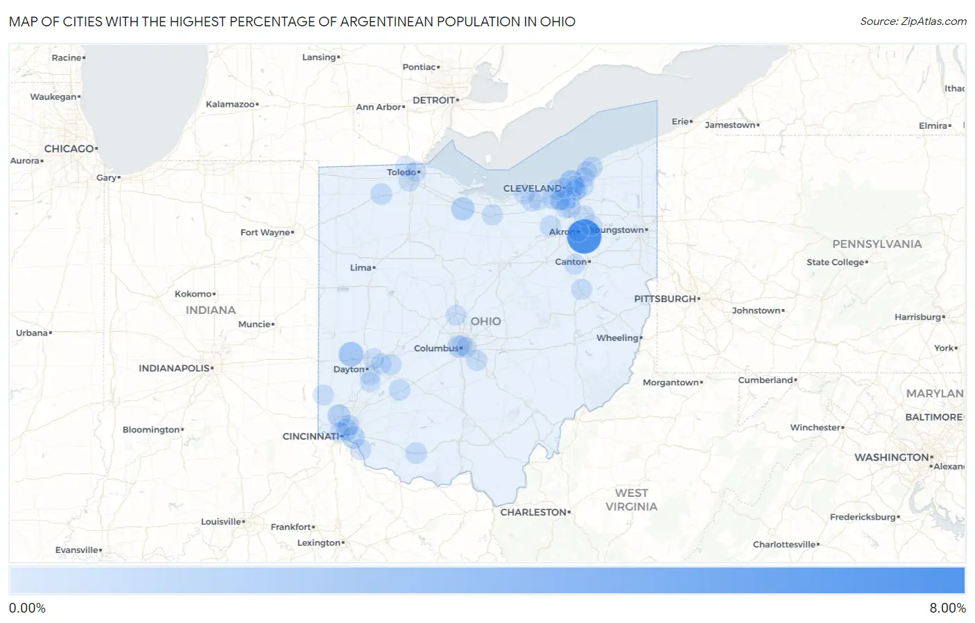 Cities with the Highest Percentage of Argentinean Population in Ohio Map