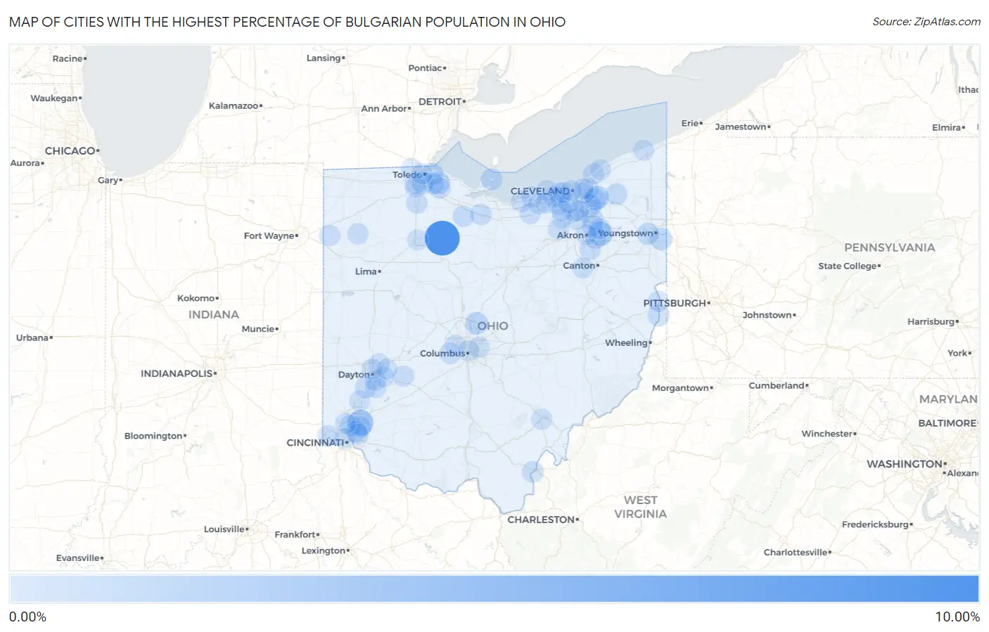 Cities with the Highest Percentage of Bulgarian Population in Ohio Map