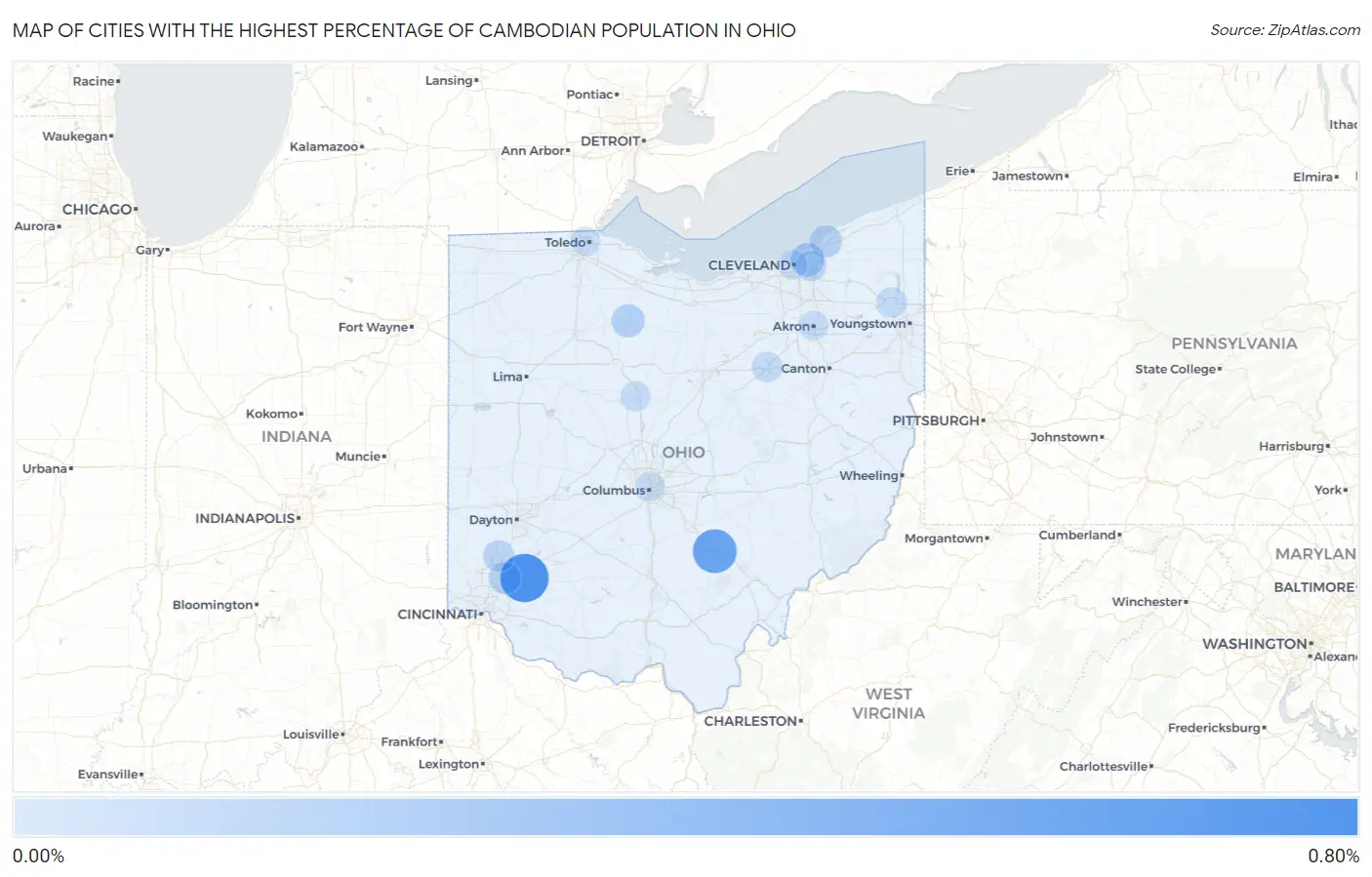 Cities with the Highest Percentage of Cambodian Population in Ohio Map