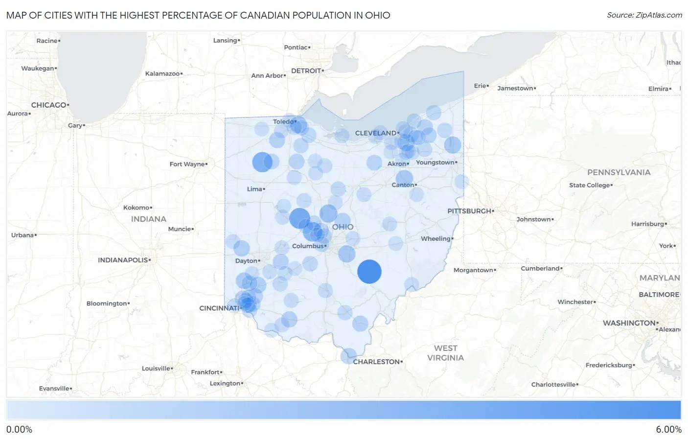 Cities with the Highest Percentage of Canadian Population in Ohio Map