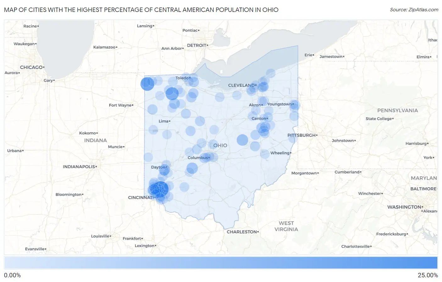 Cities with the Highest Percentage of Central American Population in Ohio Map