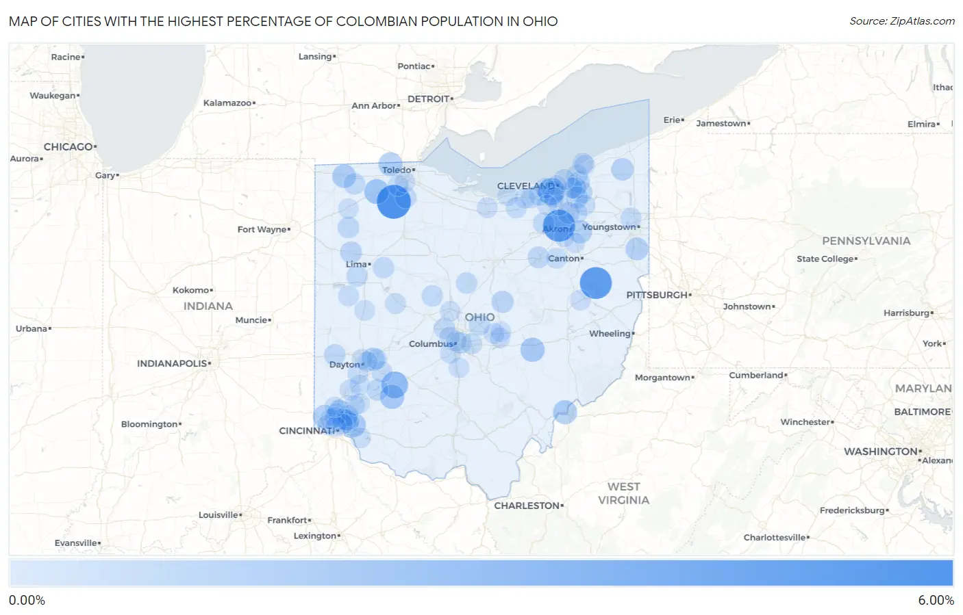 Cities with the Highest Percentage of Colombian Population in Ohio Map