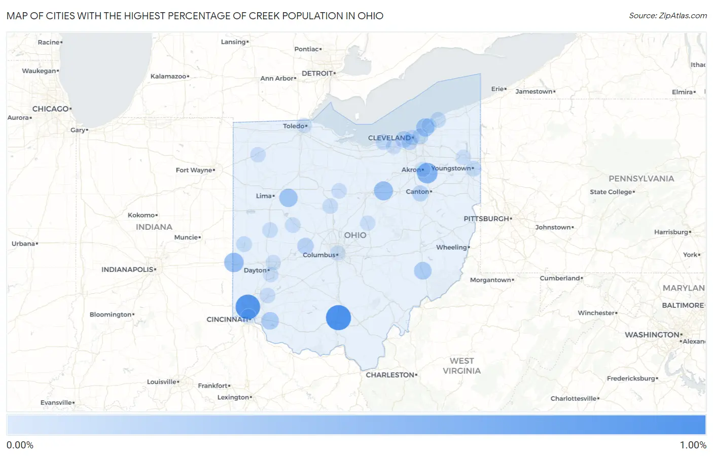 Cities with the Highest Percentage of Creek Population in Ohio Map