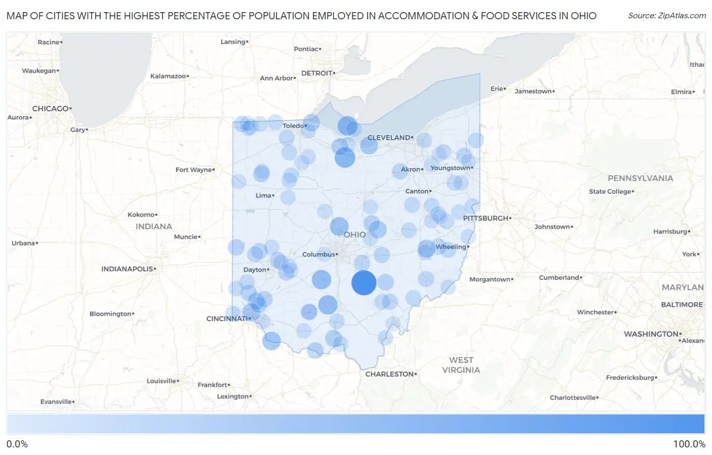 Cities with the Highest Percentage of Population Employed in Accommodation & Food Services in Ohio Map