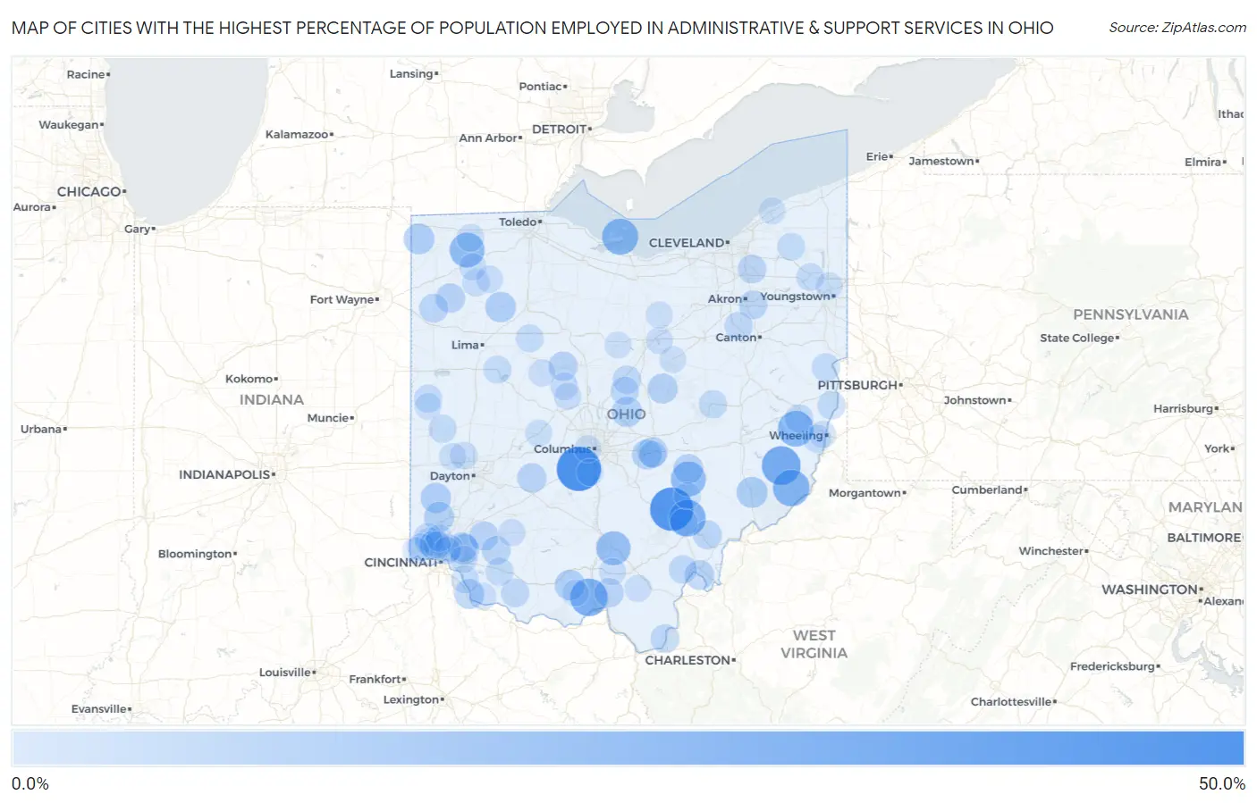 Cities with the Highest Percentage of Population Employed in Administrative & Support Services in Ohio Map