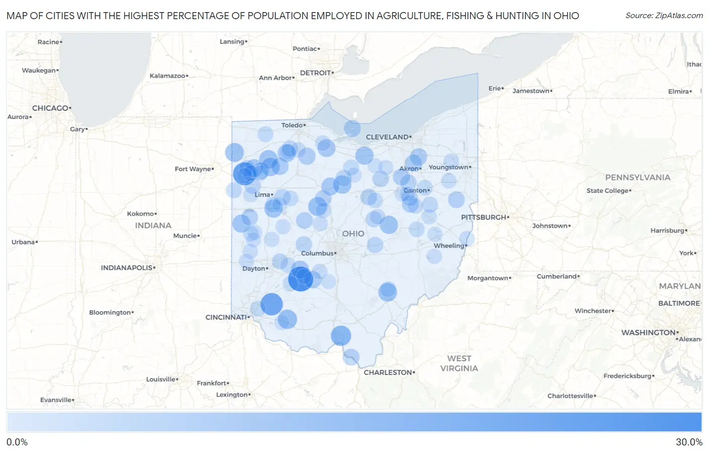 Cities with the Highest Percentage of Population Employed in Agriculture, Fishing & Hunting in Ohio Map