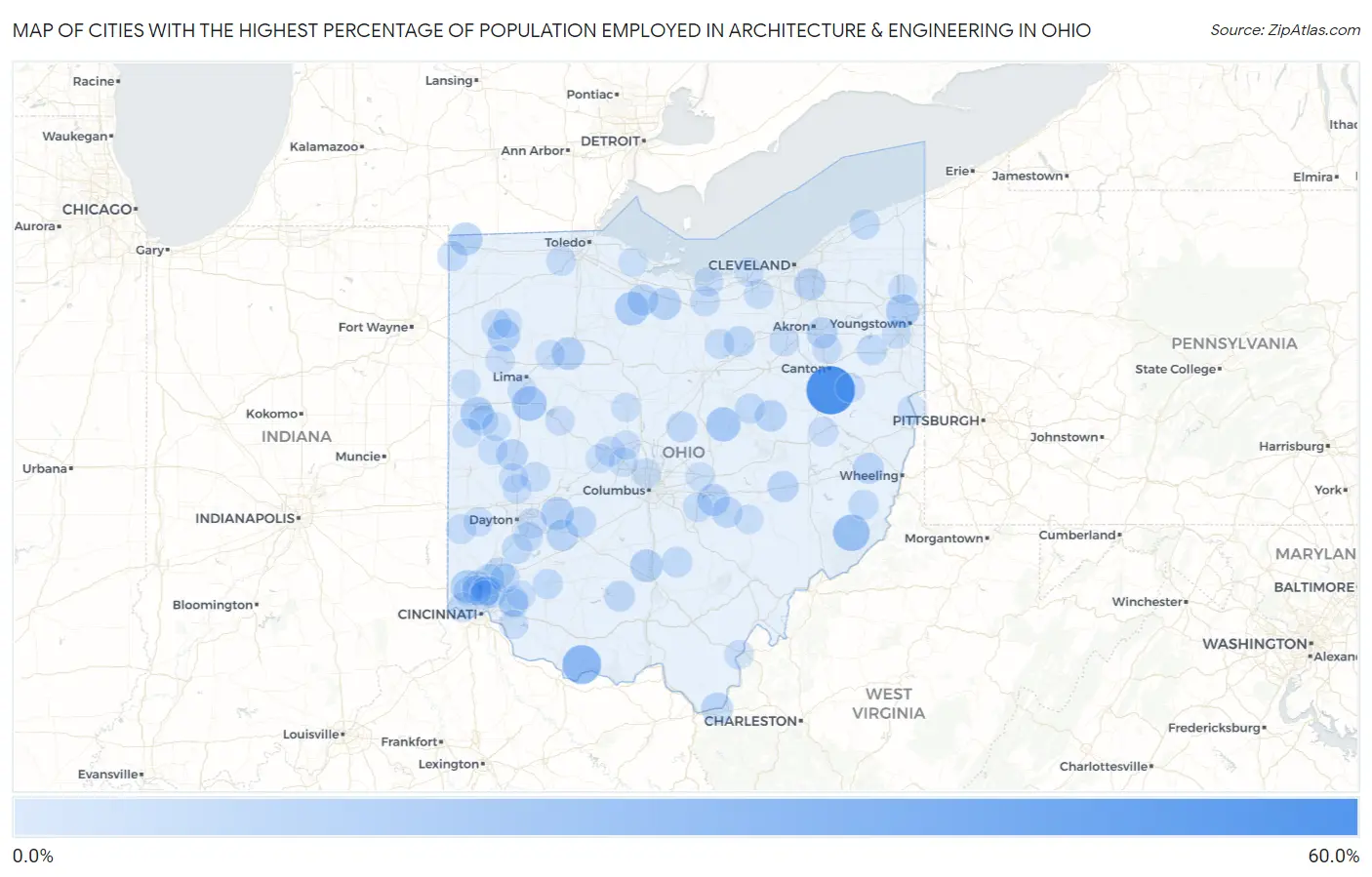 Cities with the Highest Percentage of Population Employed in Architecture & Engineering in Ohio Map