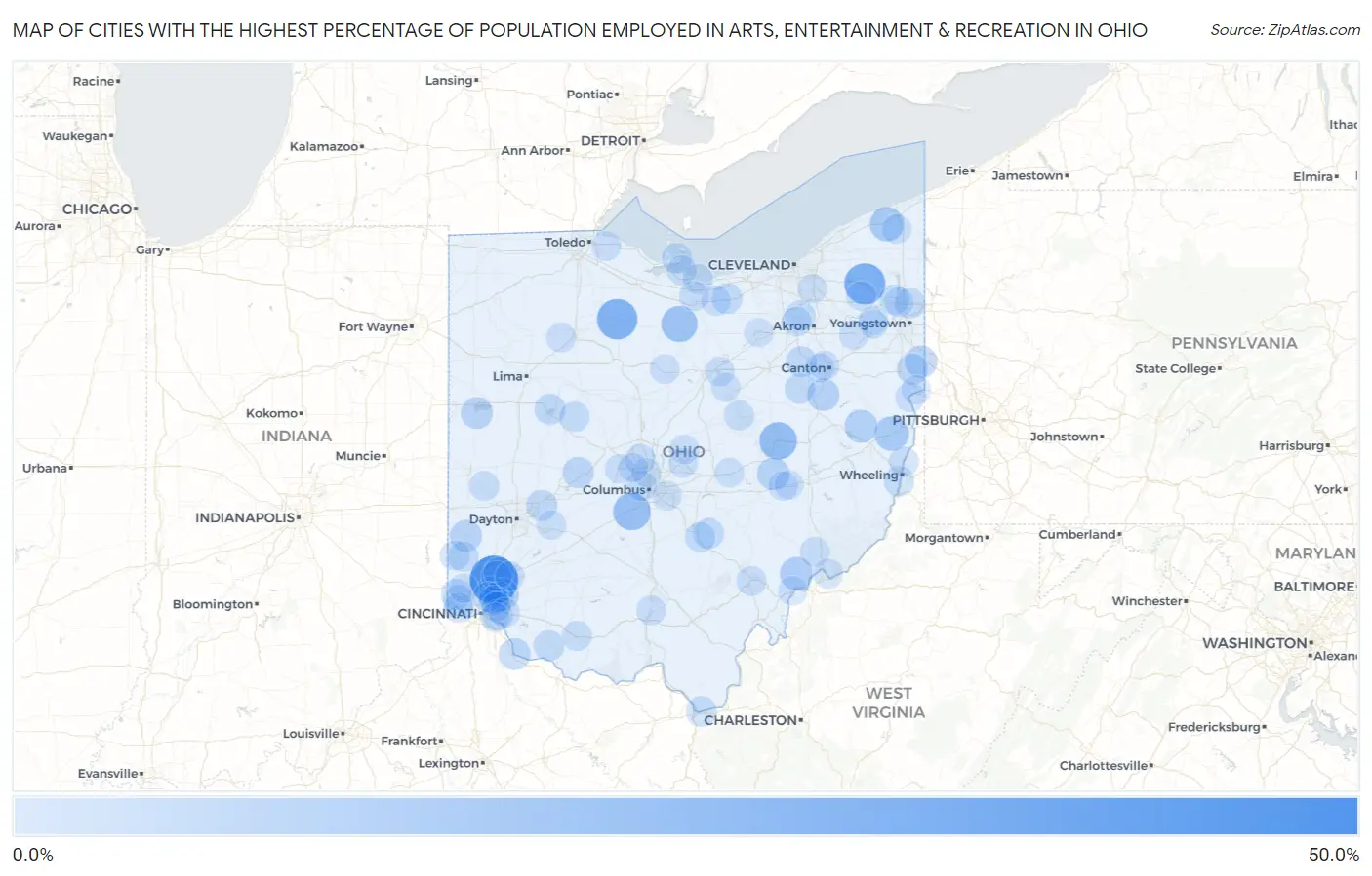 Cities with the Highest Percentage of Population Employed in Arts, Entertainment & Recreation in Ohio Map