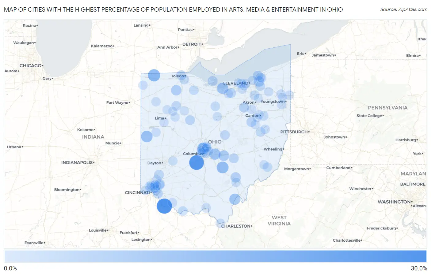 Cities with the Highest Percentage of Population Employed in Arts, Media & Entertainment in Ohio Map