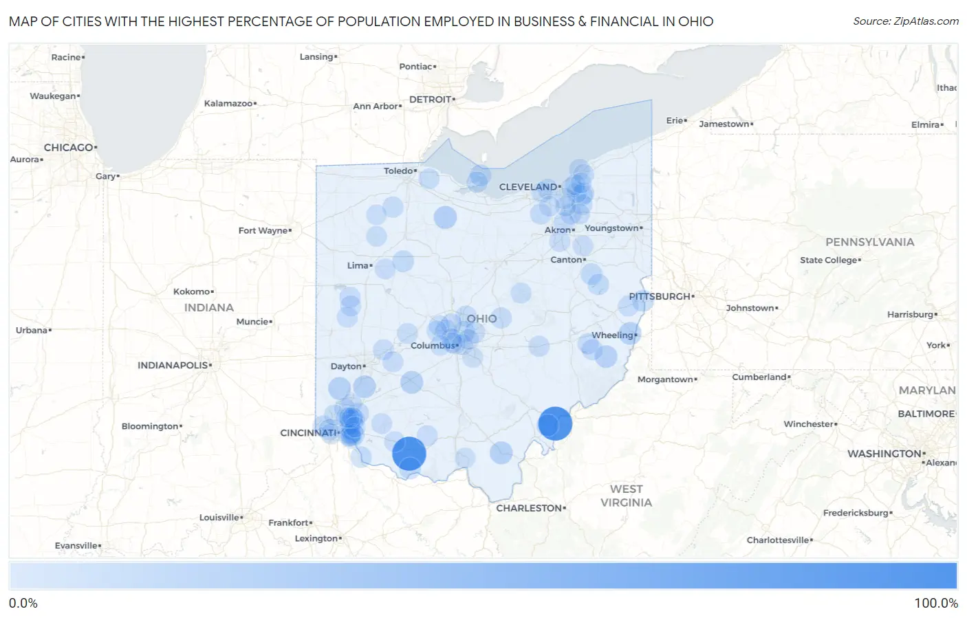 Cities with the Highest Percentage of Population Employed in Business & Financial in Ohio Map
