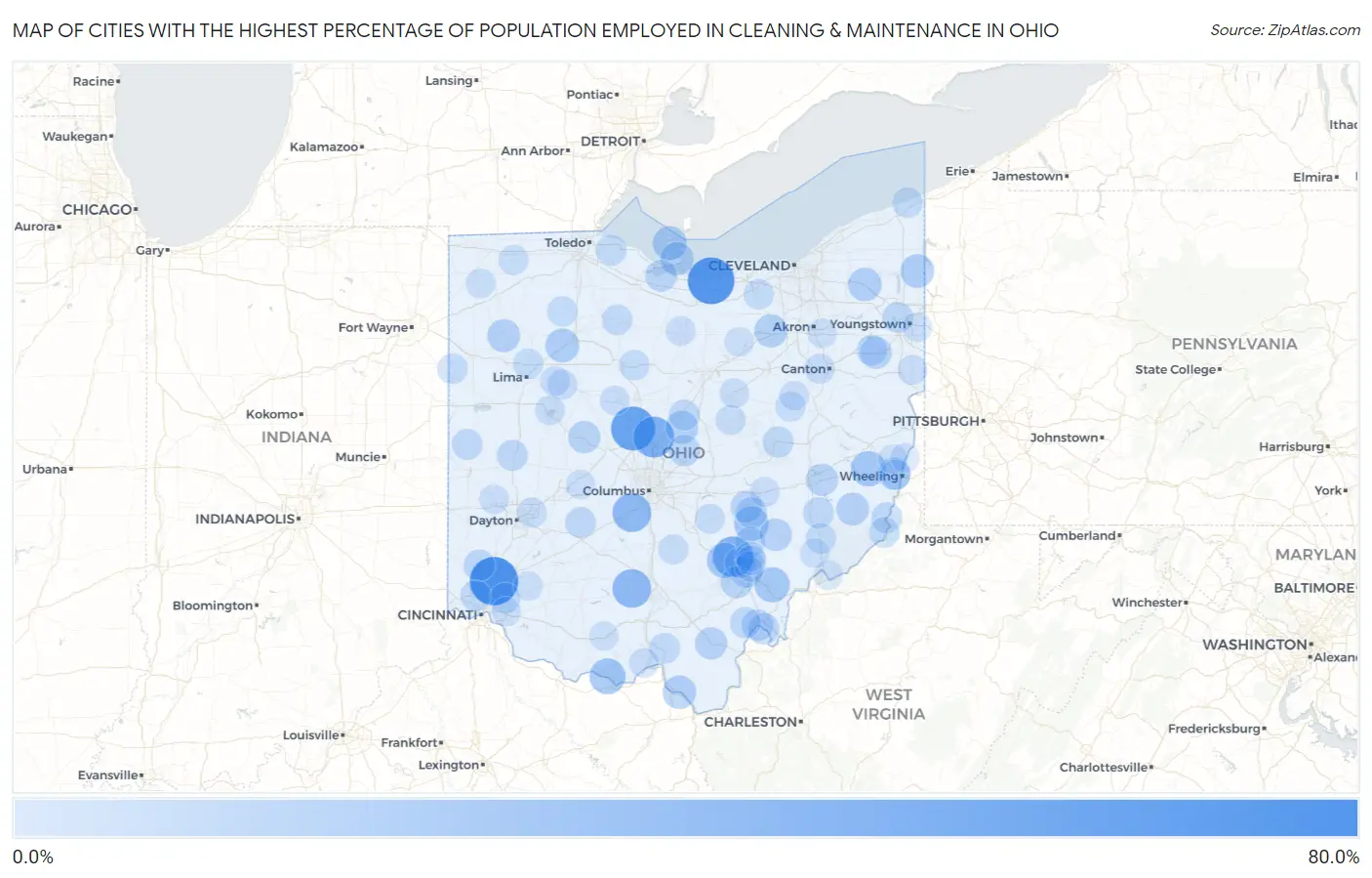Cities with the Highest Percentage of Population Employed in Cleaning & Maintenance in Ohio Map