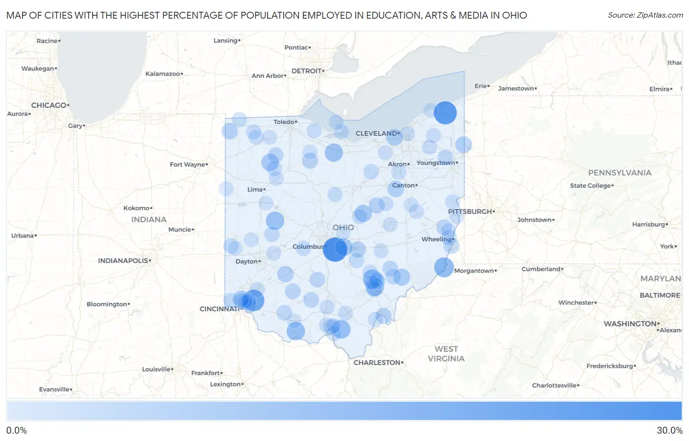 Cities with the Highest Percentage of Population Employed in Education, Arts & Media in Ohio Map