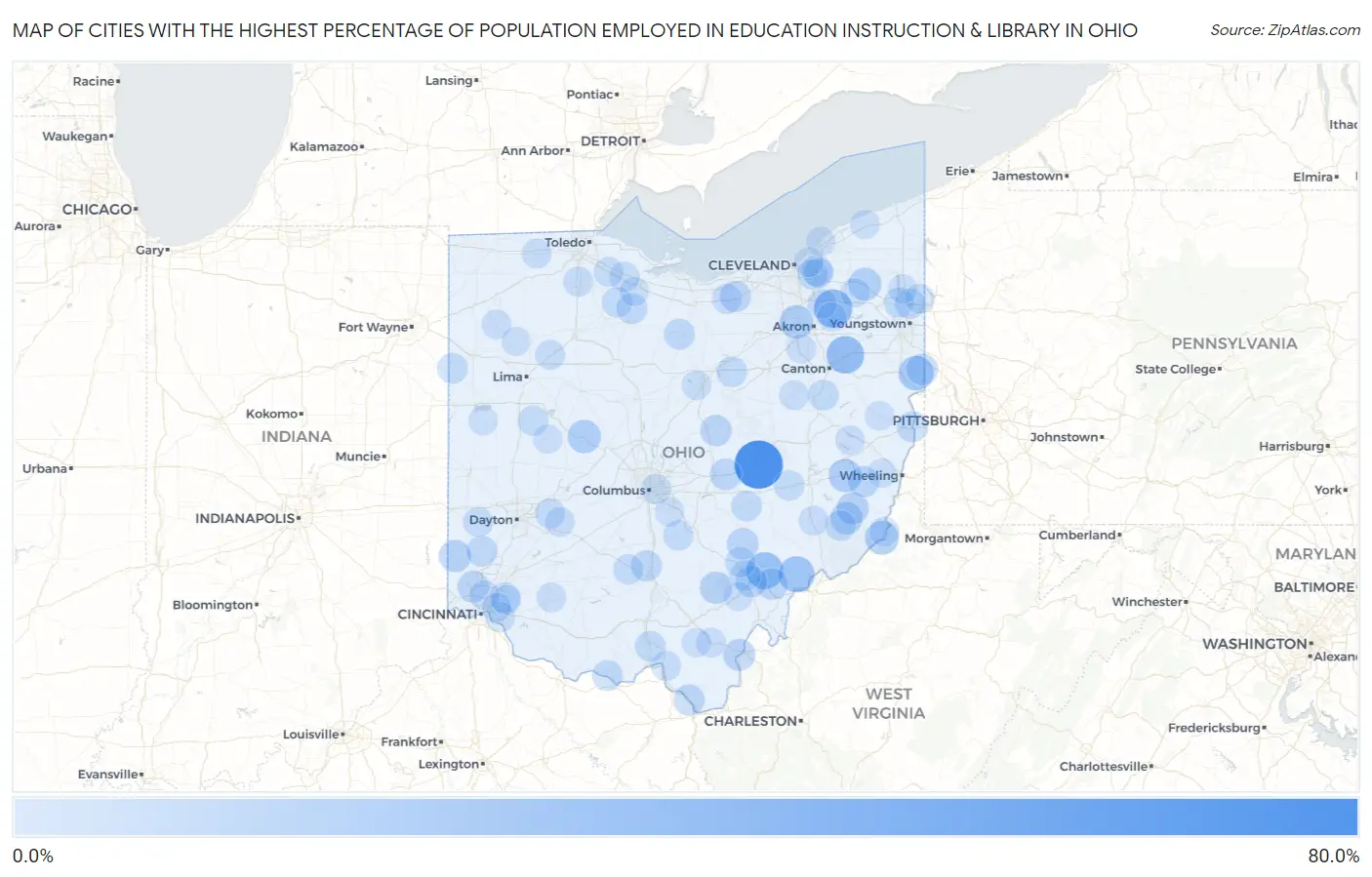 Cities with the Highest Percentage of Population Employed in Education Instruction & Library in Ohio Map