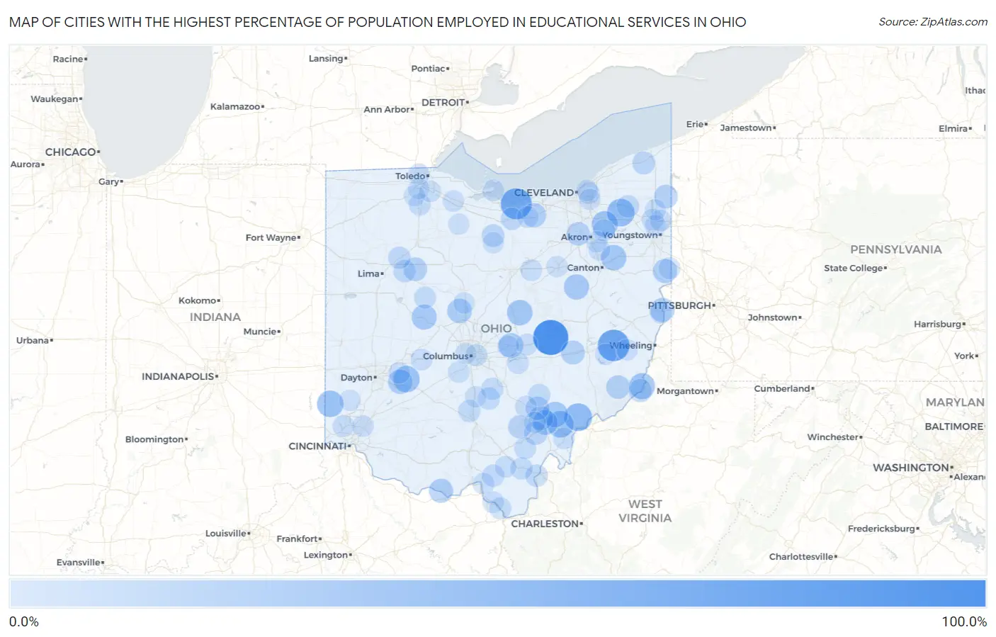 Cities with the Highest Percentage of Population Employed in Educational Services in Ohio Map