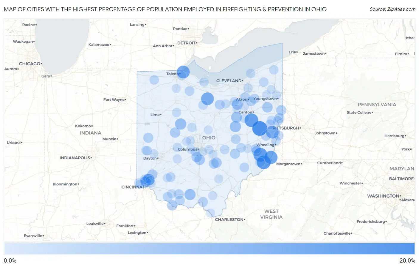 Cities with the Highest Percentage of Population Employed in Firefighting & Prevention in Ohio Map