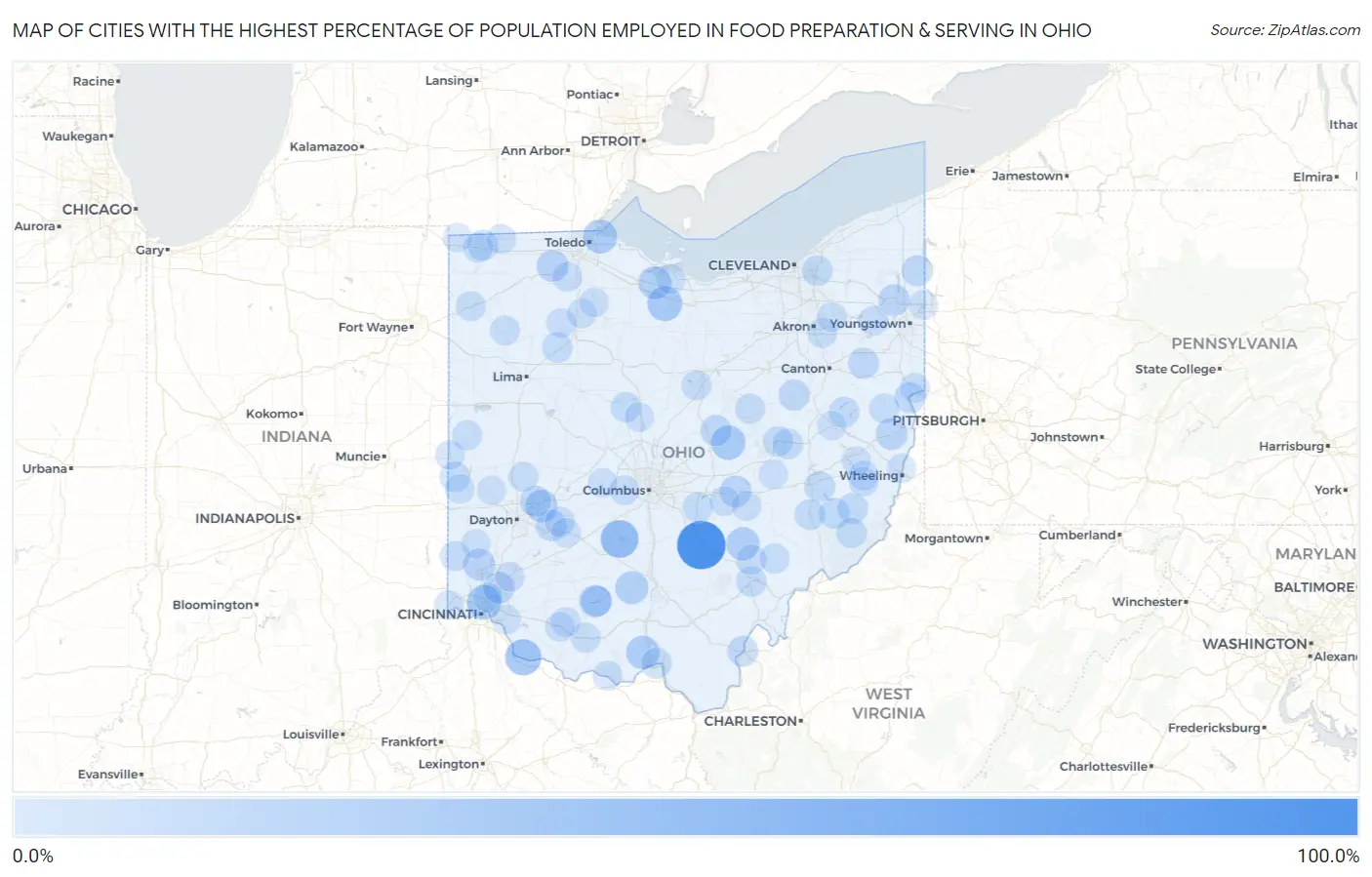 Cities with the Highest Percentage of Population Employed in Food Preparation & Serving in Ohio Map
