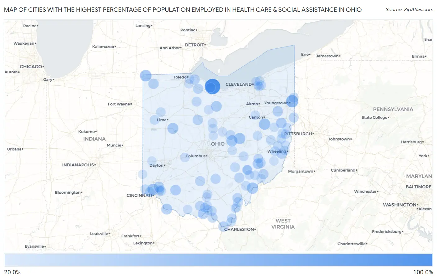 Cities with the Highest Percentage of Population Employed in Health Care & Social Assistance in Ohio Map
