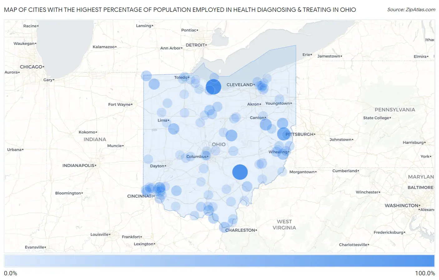 Cities with the Highest Percentage of Population Employed in Health Diagnosing & Treating in Ohio Map