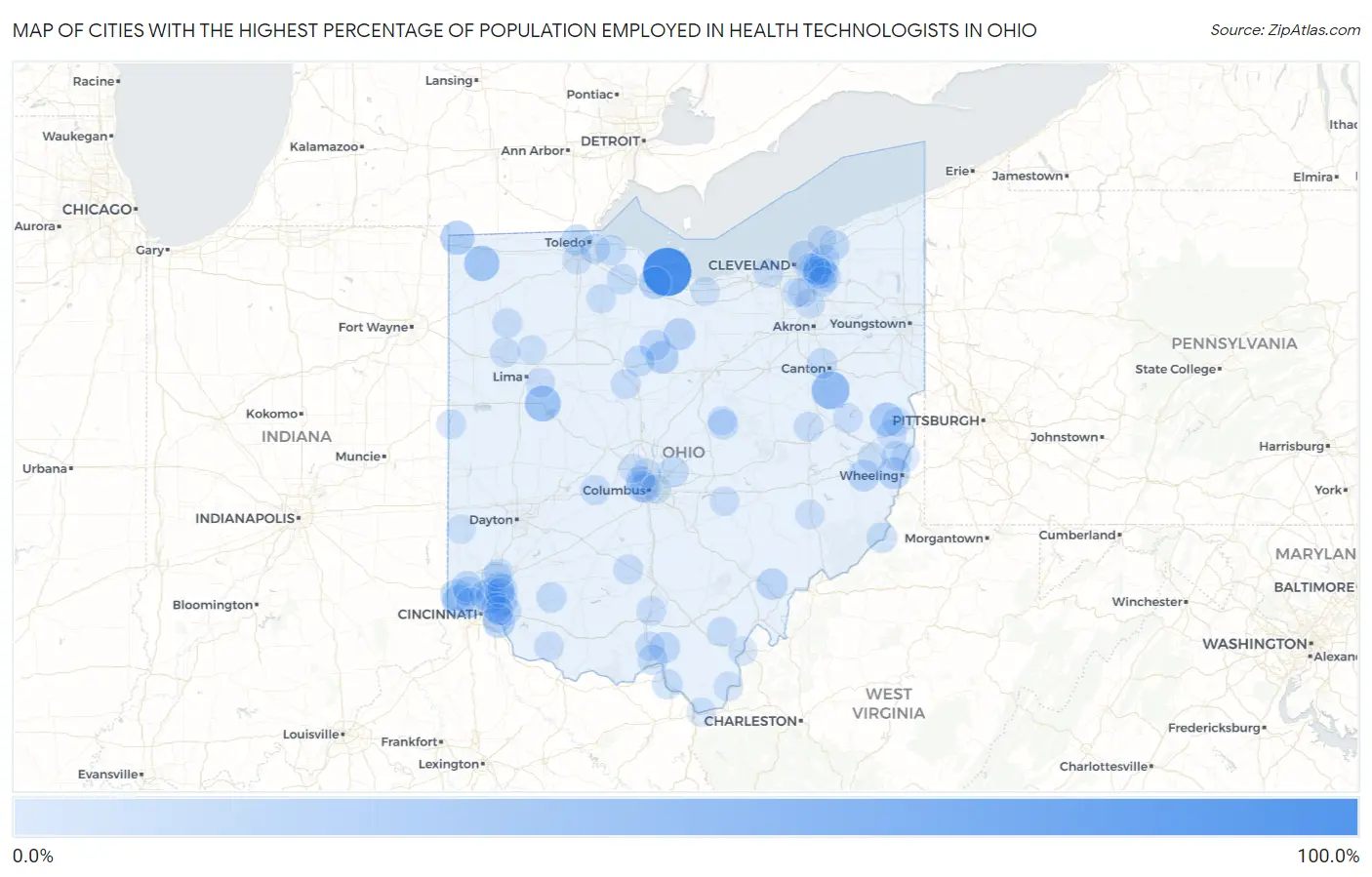 Cities with the Highest Percentage of Population Employed in Health Technologists in Ohio Map