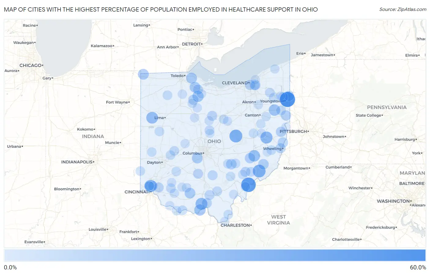 Cities with the Highest Percentage of Population Employed in Healthcare Support in Ohio Map