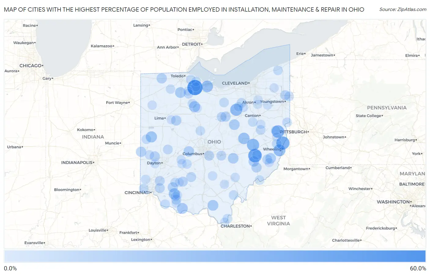Cities with the Highest Percentage of Population Employed in Installation, Maintenance & Repair in Ohio Map