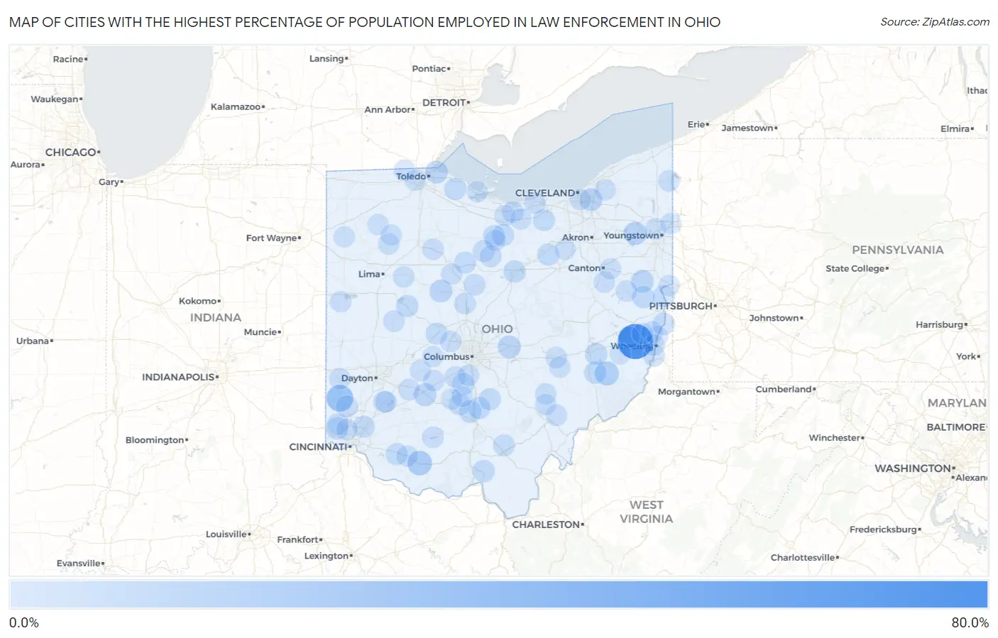 Cities with the Highest Percentage of Population Employed in Law Enforcement in Ohio Map
