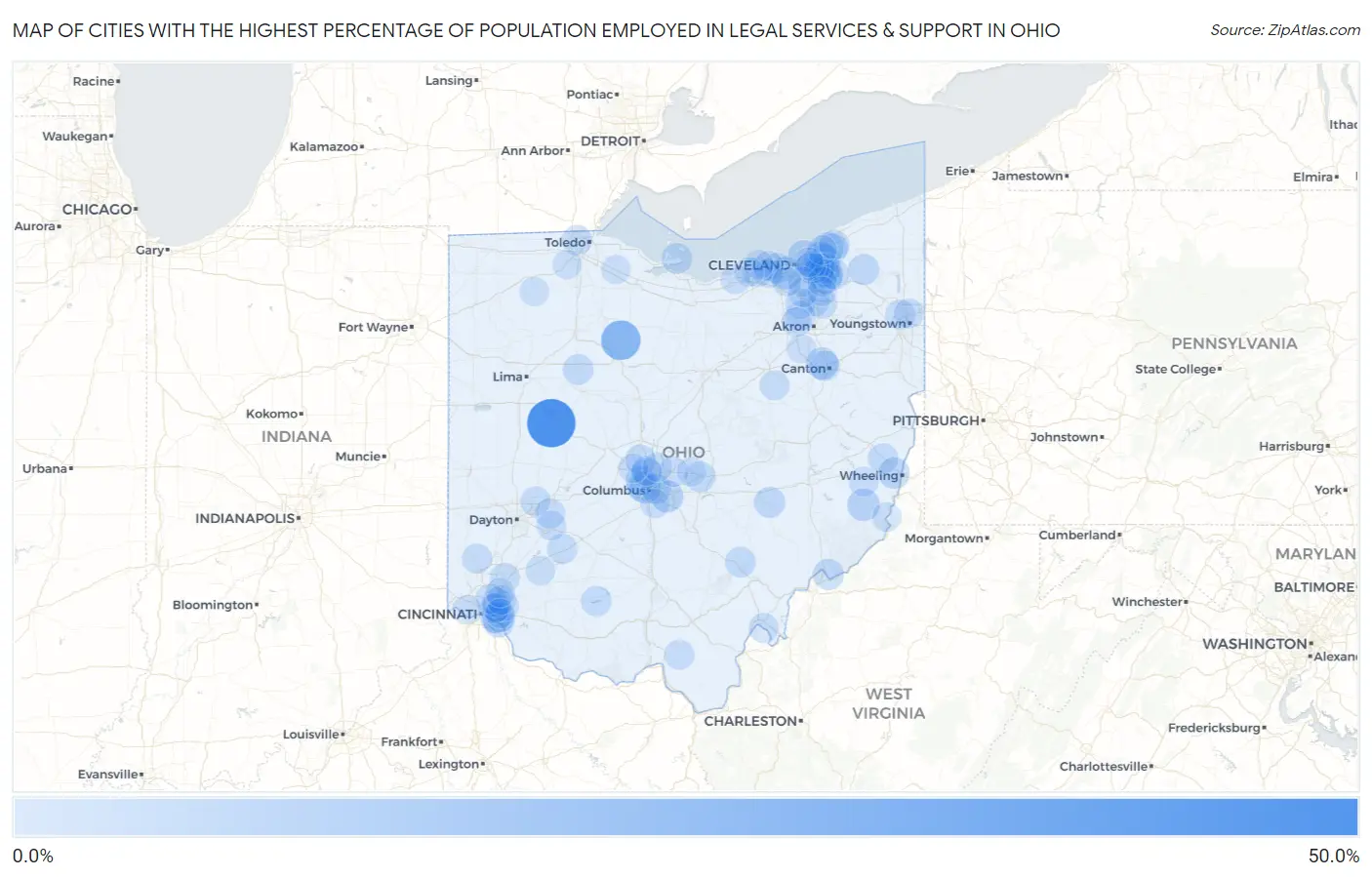 Cities with the Highest Percentage of Population Employed in Legal Services & Support in Ohio Map