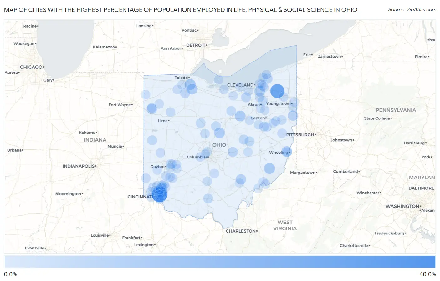 Cities with the Highest Percentage of Population Employed in Life, Physical & Social Science in Ohio Map