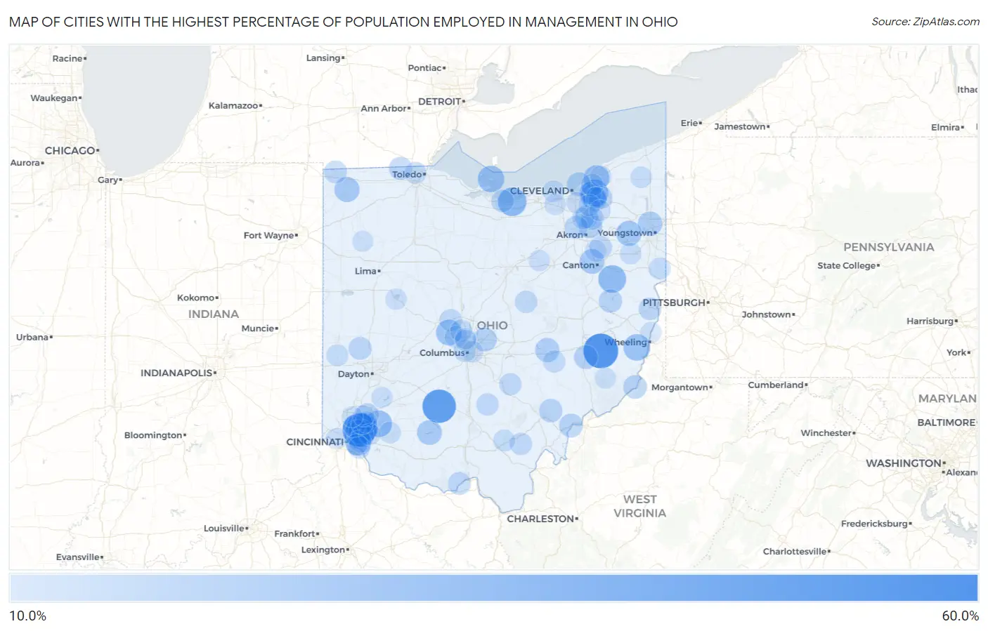 Cities with the Highest Percentage of Population Employed in Management in Ohio Map