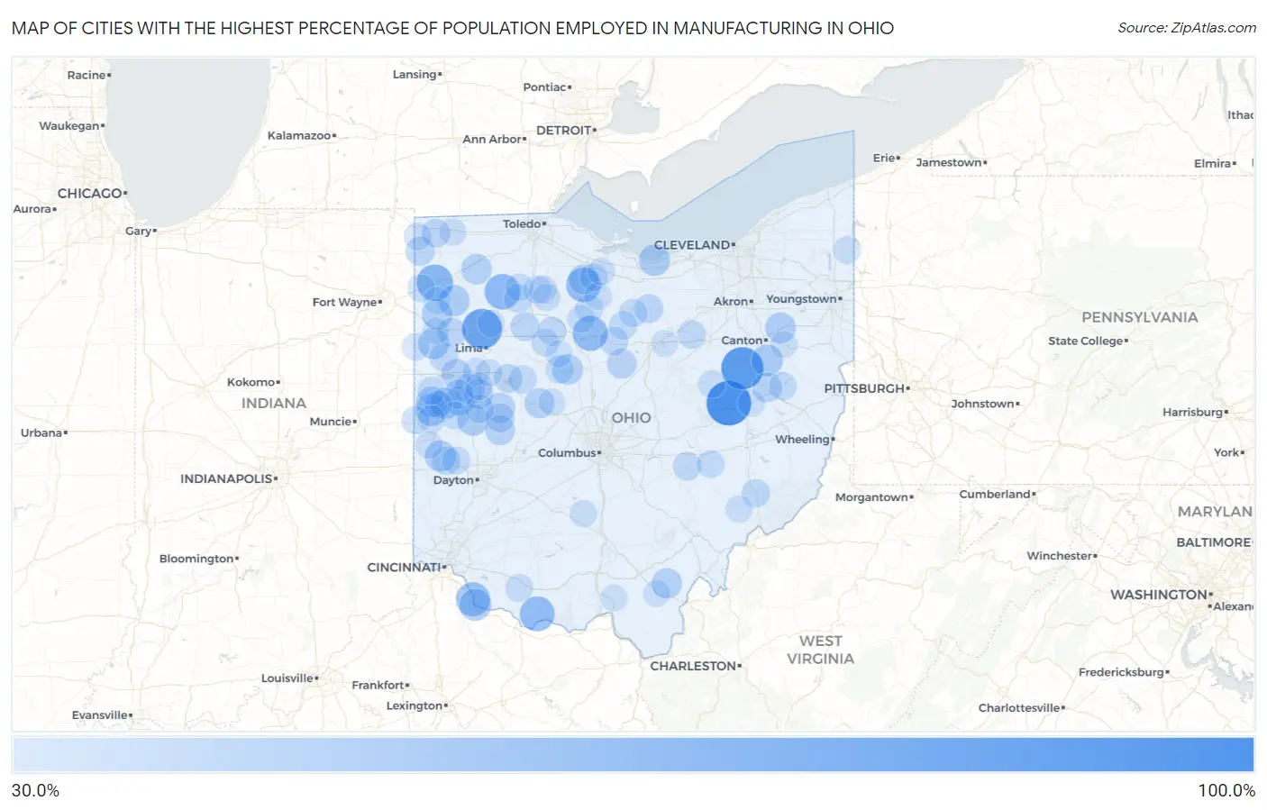 Cities with the Highest Percentage of Population Employed in Manufacturing in Ohio Map