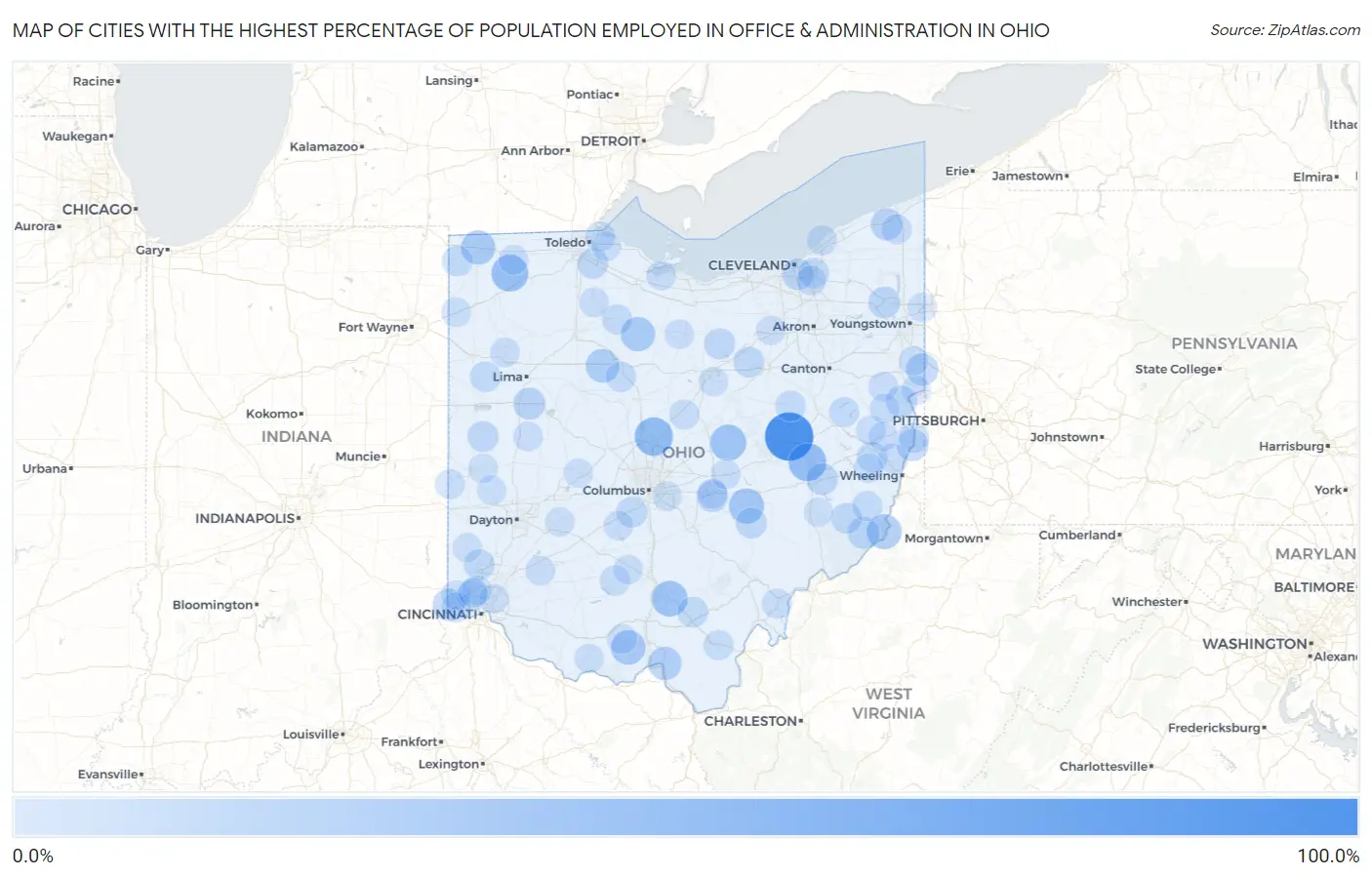 Cities with the Highest Percentage of Population Employed in Office & Administration in Ohio Map