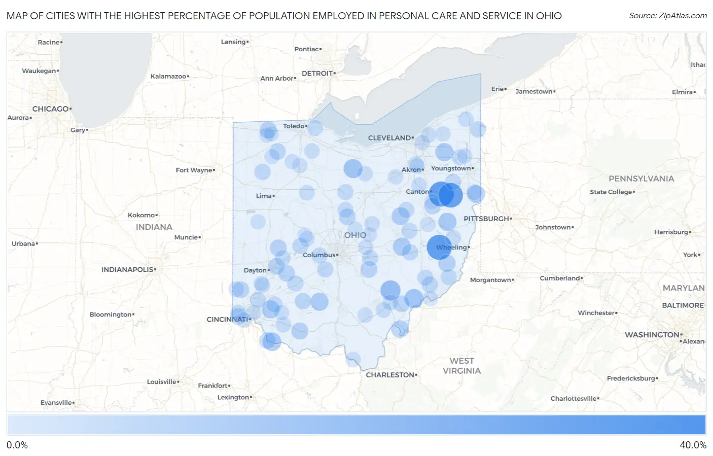 Cities with the Highest Percentage of Population Employed in Personal Care and Service in Ohio Map