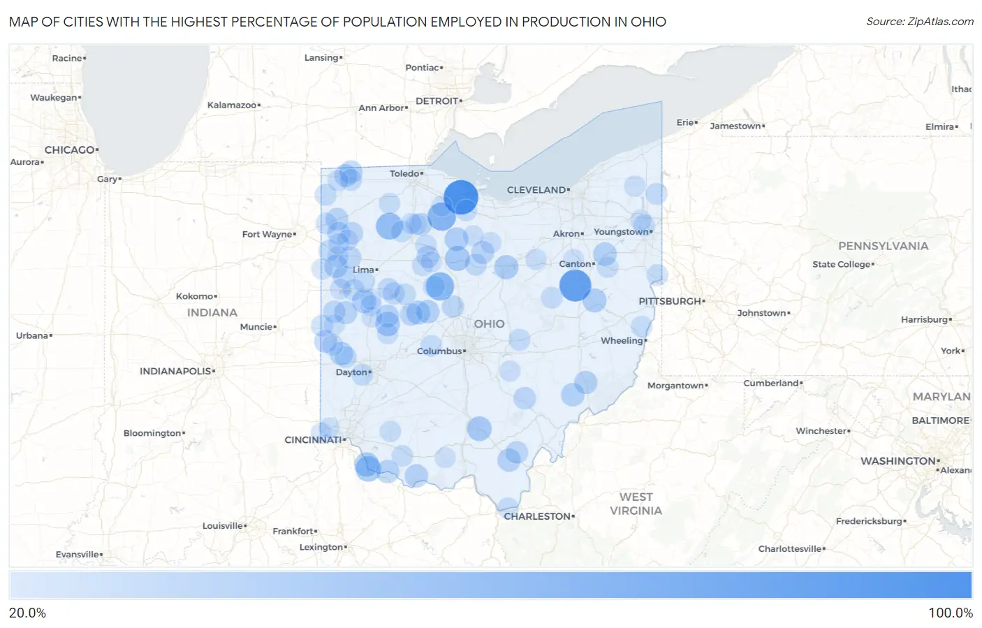 Cities with the Highest Percentage of Population Employed in Production in Ohio Map