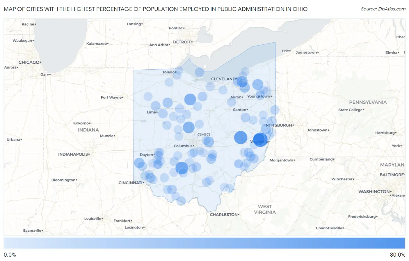 Cities with the Highest Percentage of Population Employed in Public Administration in Ohio Map