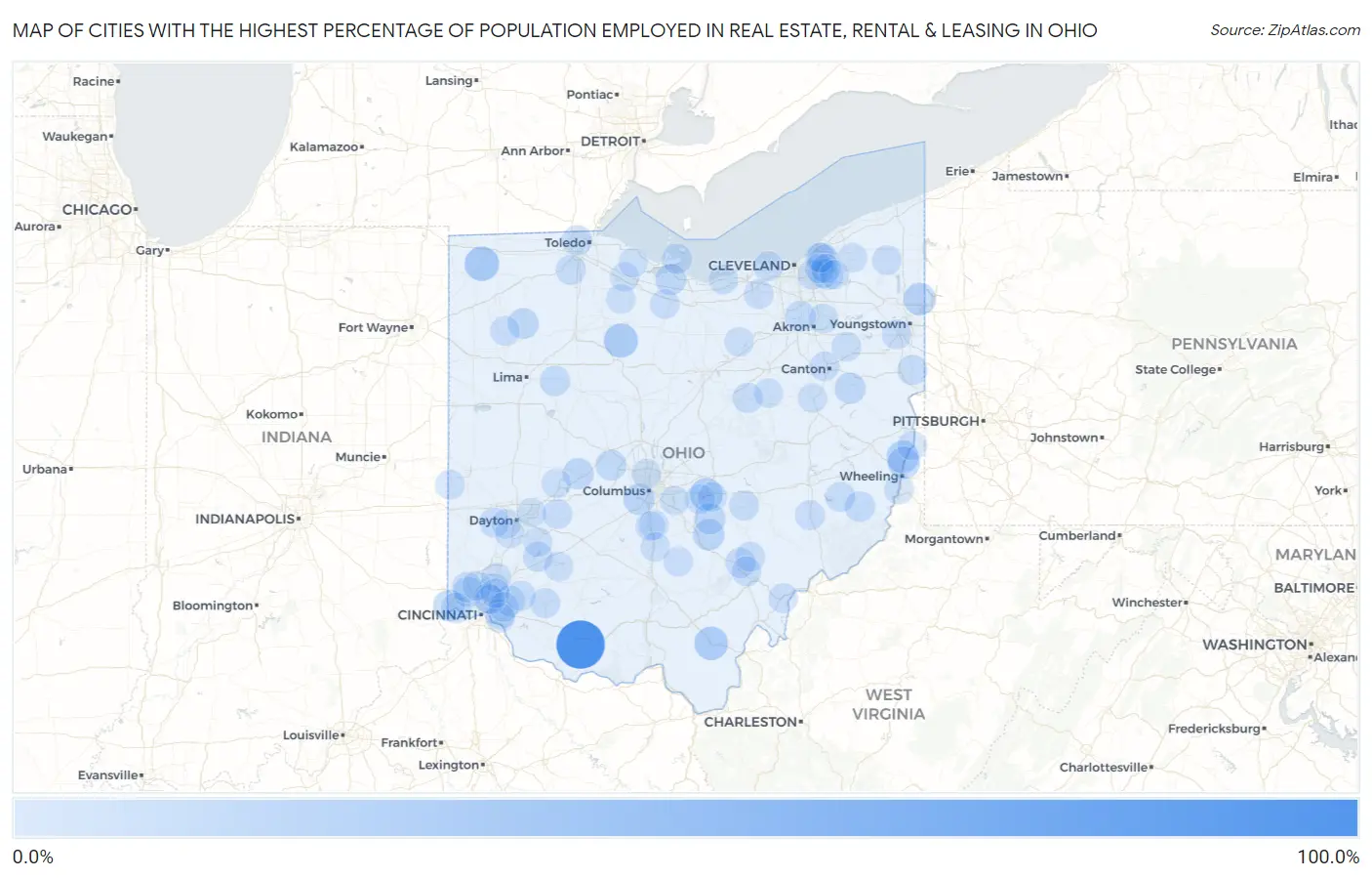 Cities with the Highest Percentage of Population Employed in Real Estate, Rental & Leasing in Ohio Map