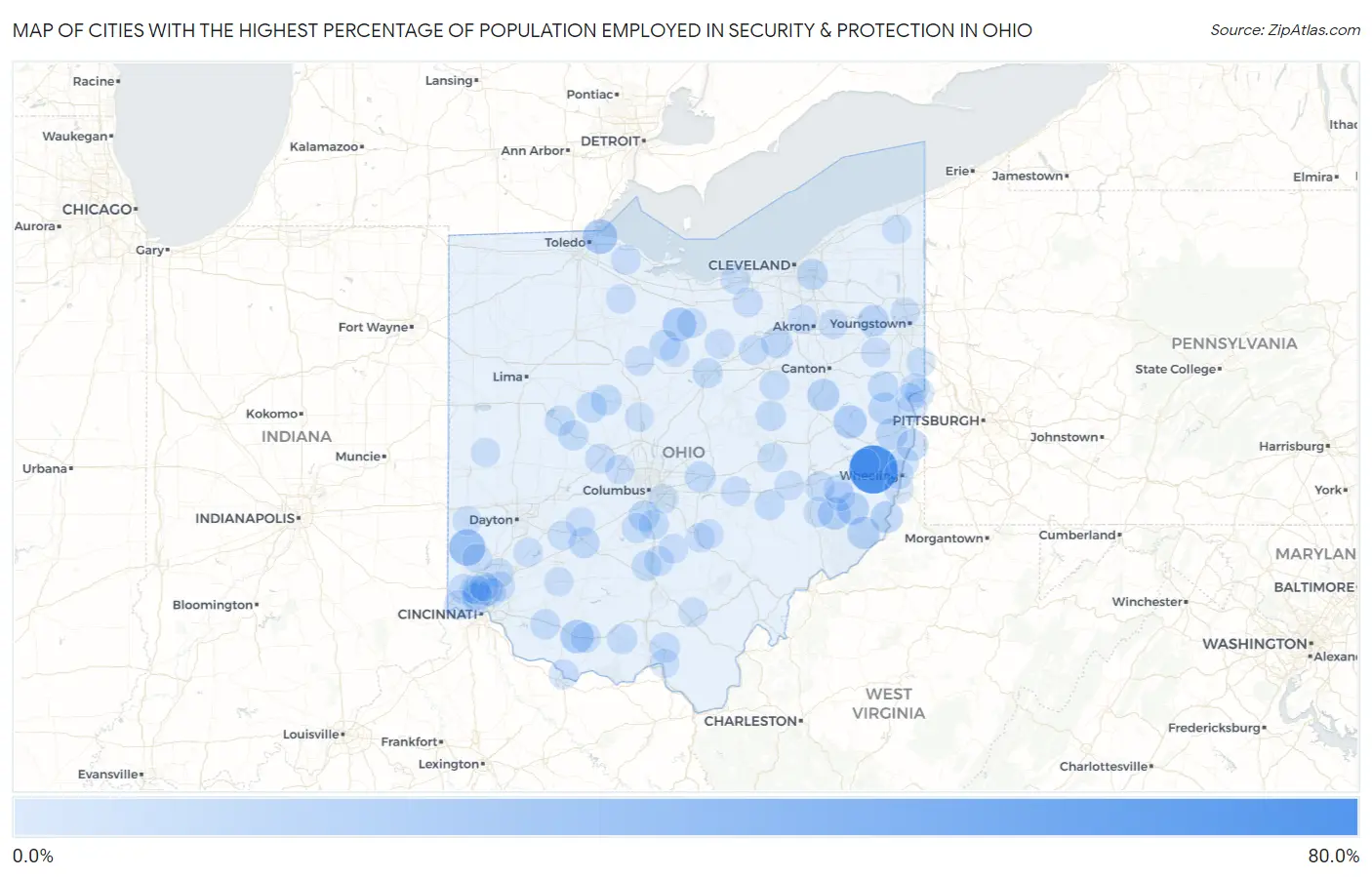 Cities with the Highest Percentage of Population Employed in Security & Protection in Ohio Map