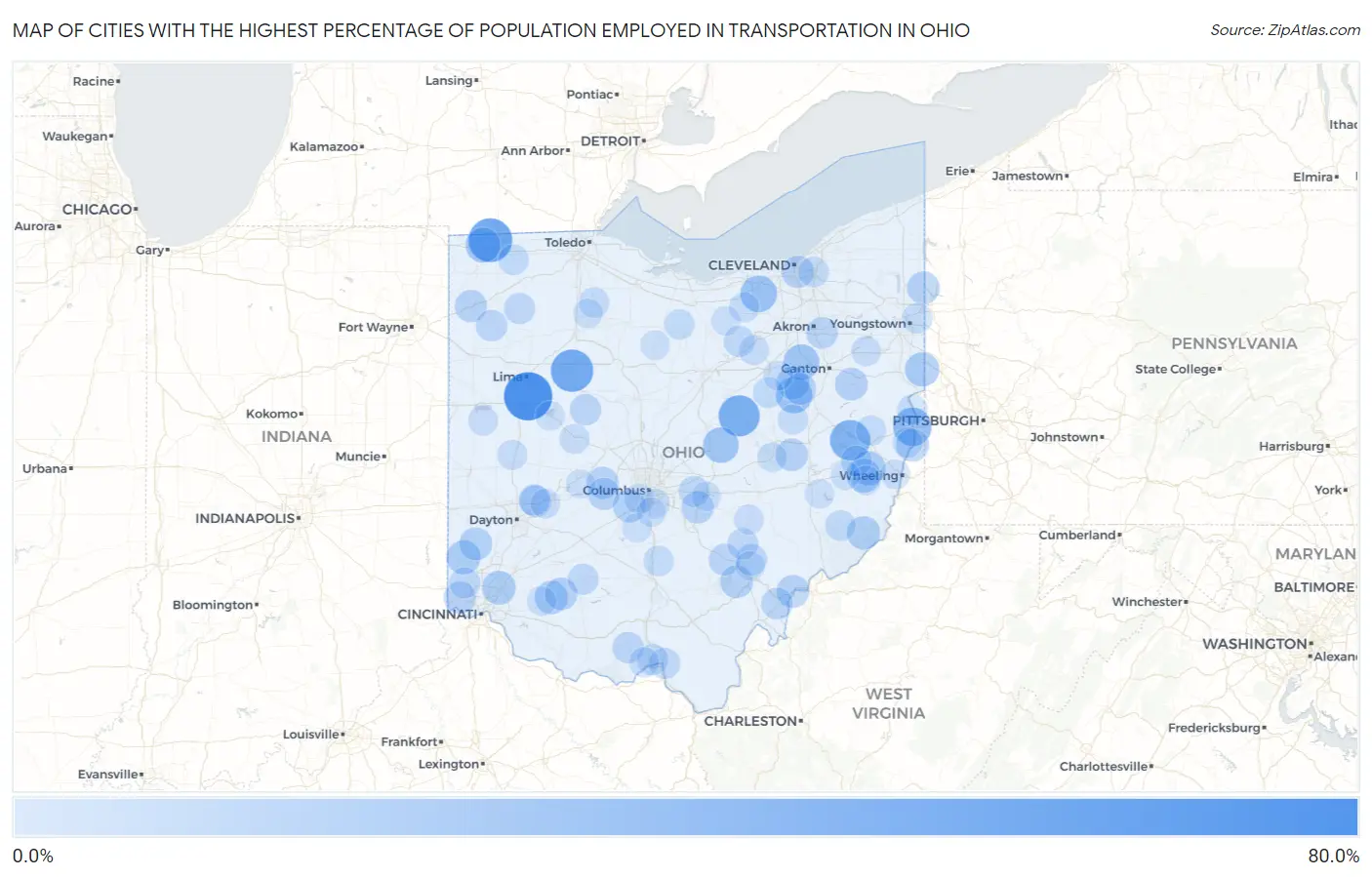 Cities with the Highest Percentage of Population Employed in Transportation in Ohio Map