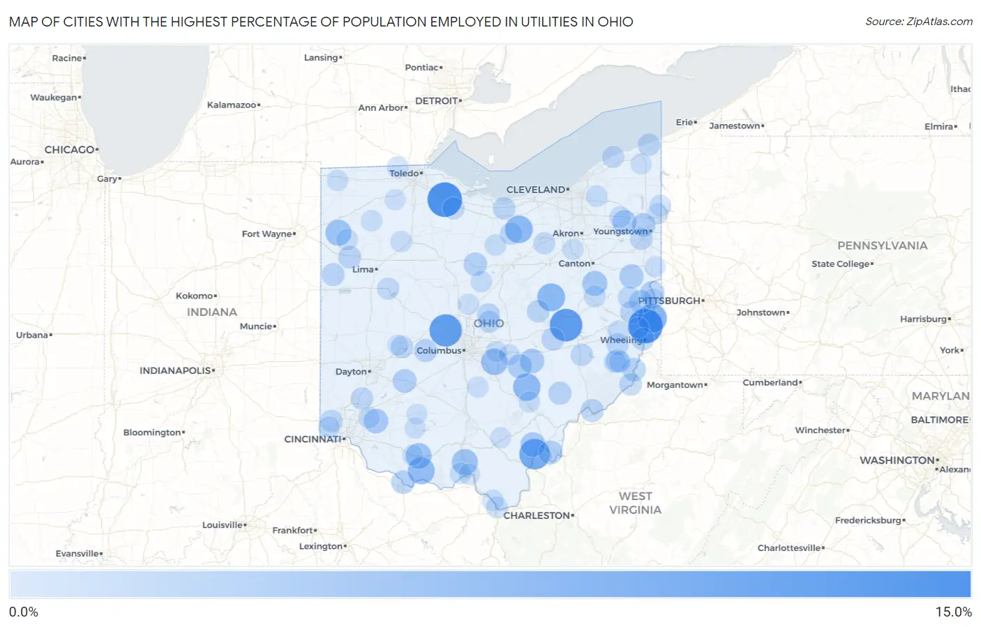 Cities with the Highest Percentage of Population Employed in Utilities in Ohio Map