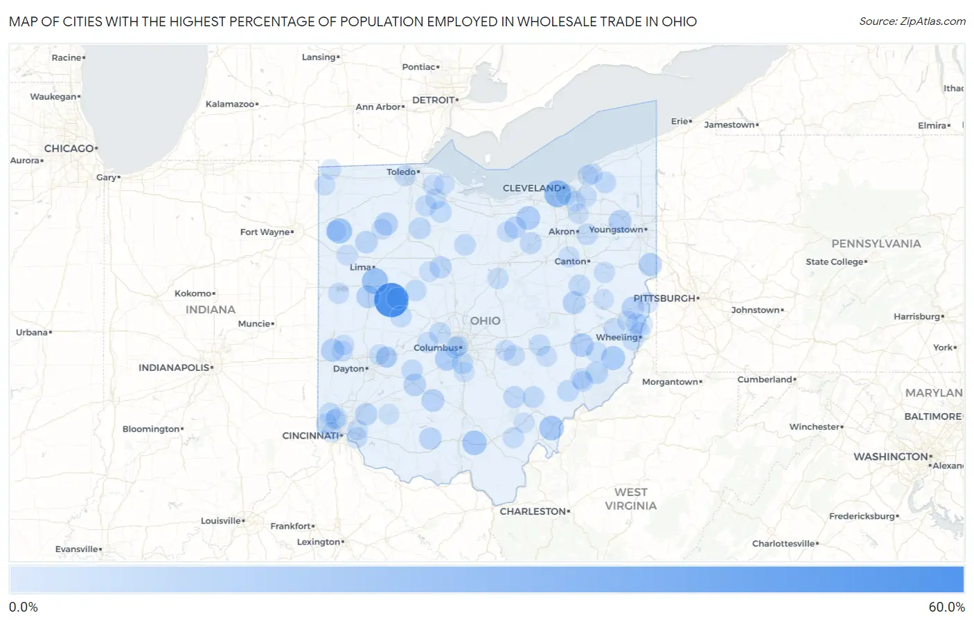 Cities with the Highest Percentage of Population Employed in Wholesale Trade in Ohio Map