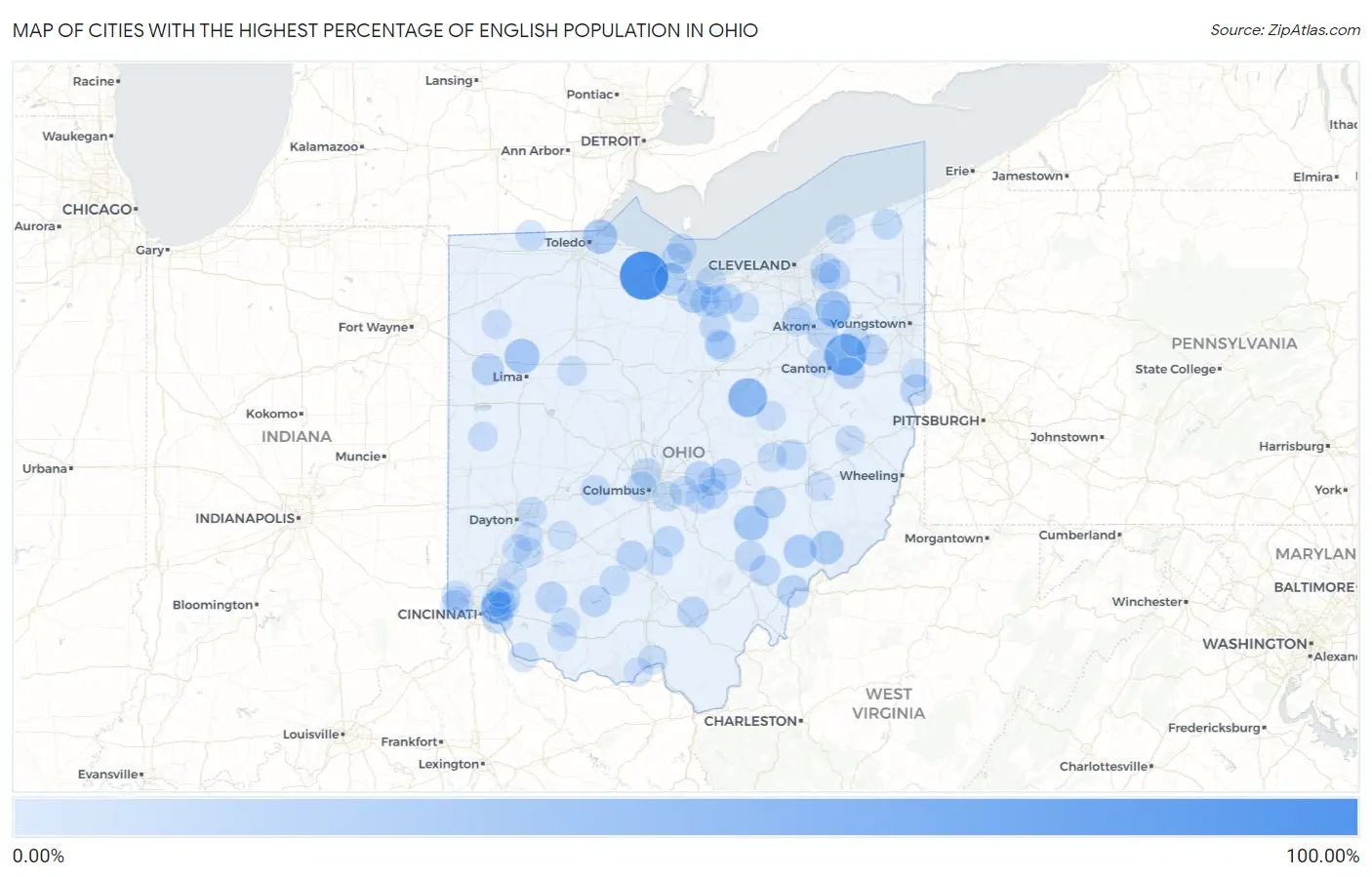 Cities with the Highest Percentage of English Population in Ohio Map