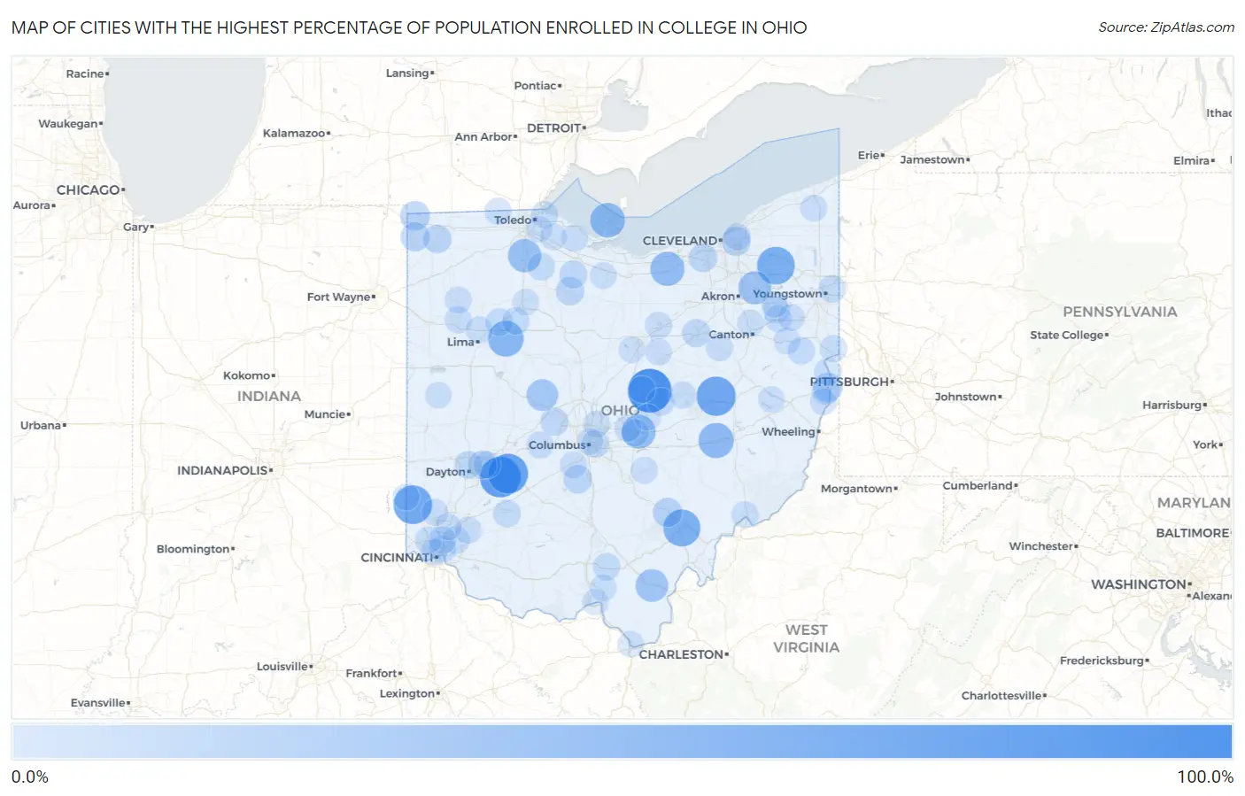 Cities with the Highest Percentage of Population Enrolled in College in Ohio Map