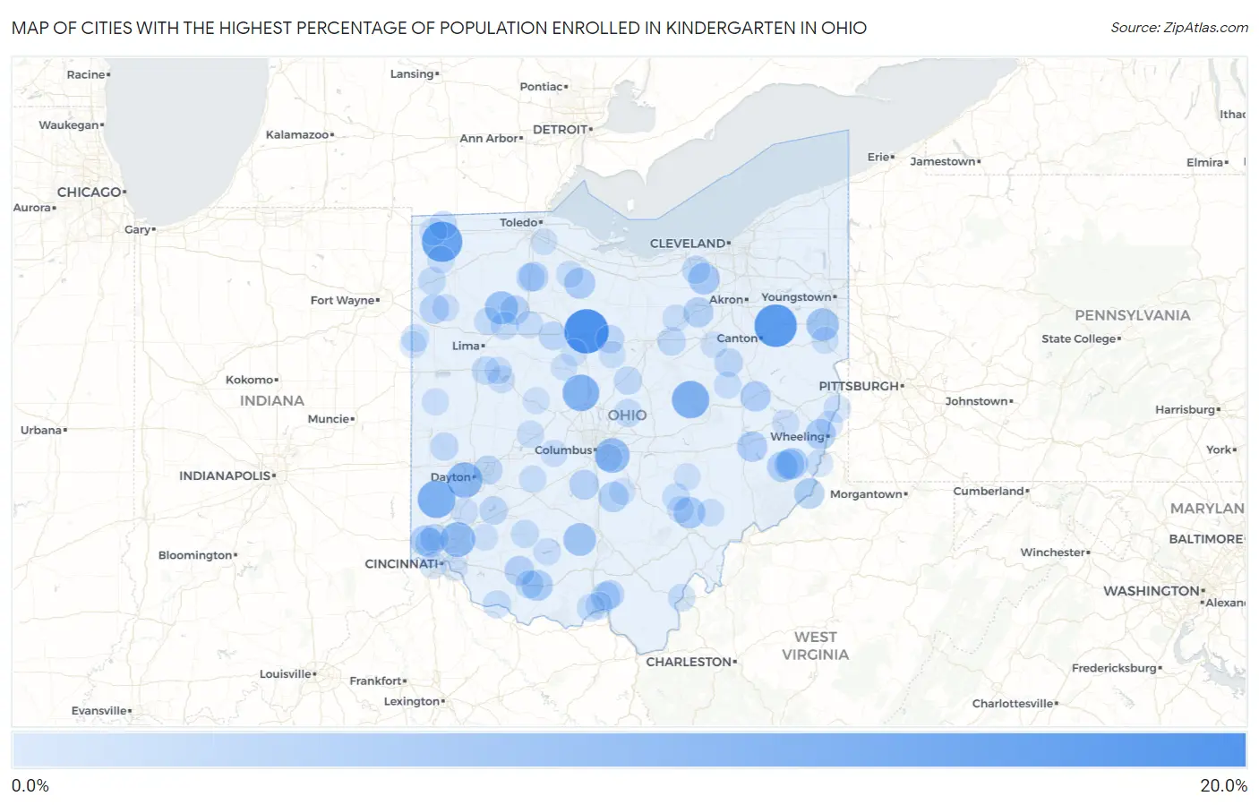 Cities with the Highest Percentage of Population Enrolled in Kindergarten in Ohio Map
