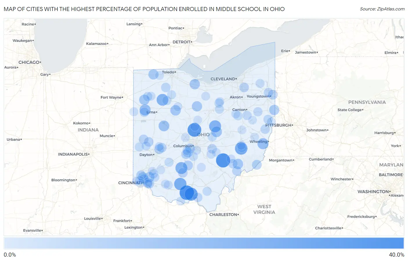 Cities with the Highest Percentage of Population Enrolled in Middle School in Ohio Map