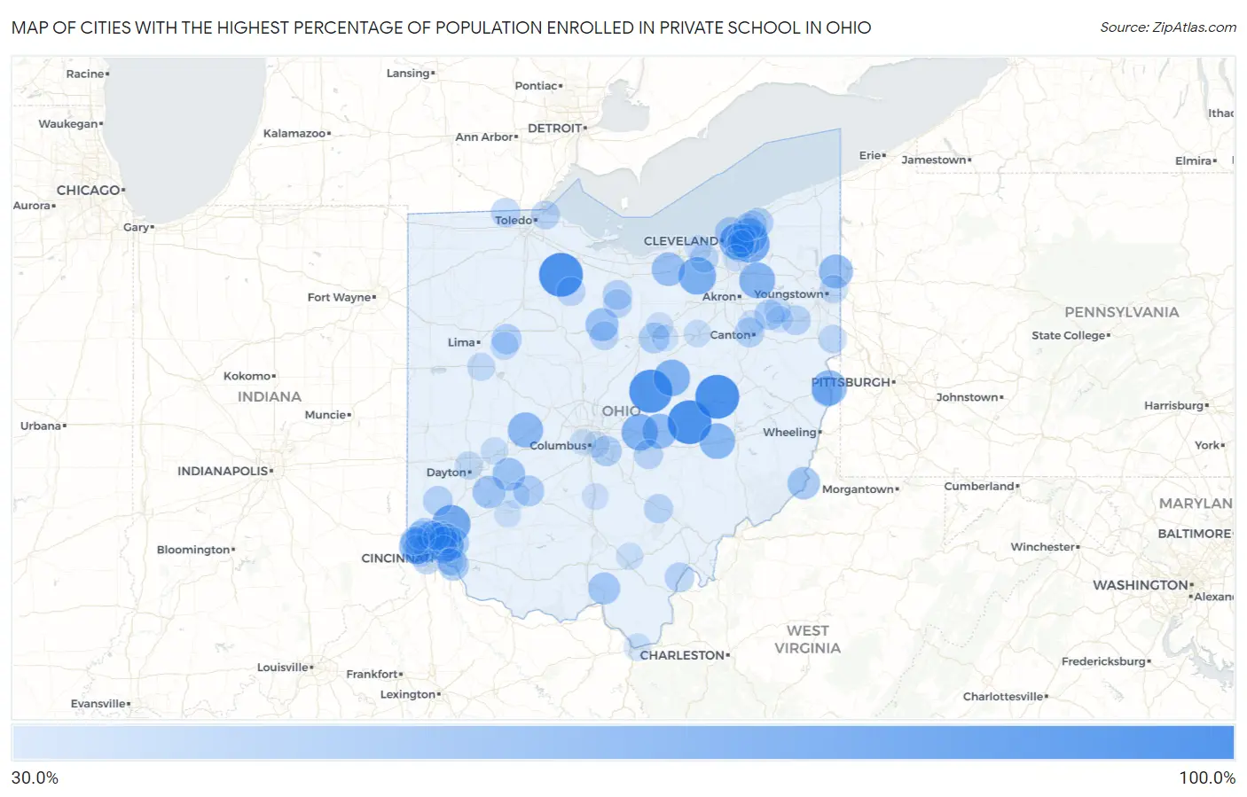 Cities with the Highest Percentage of Population Enrolled in Private School in Ohio Map