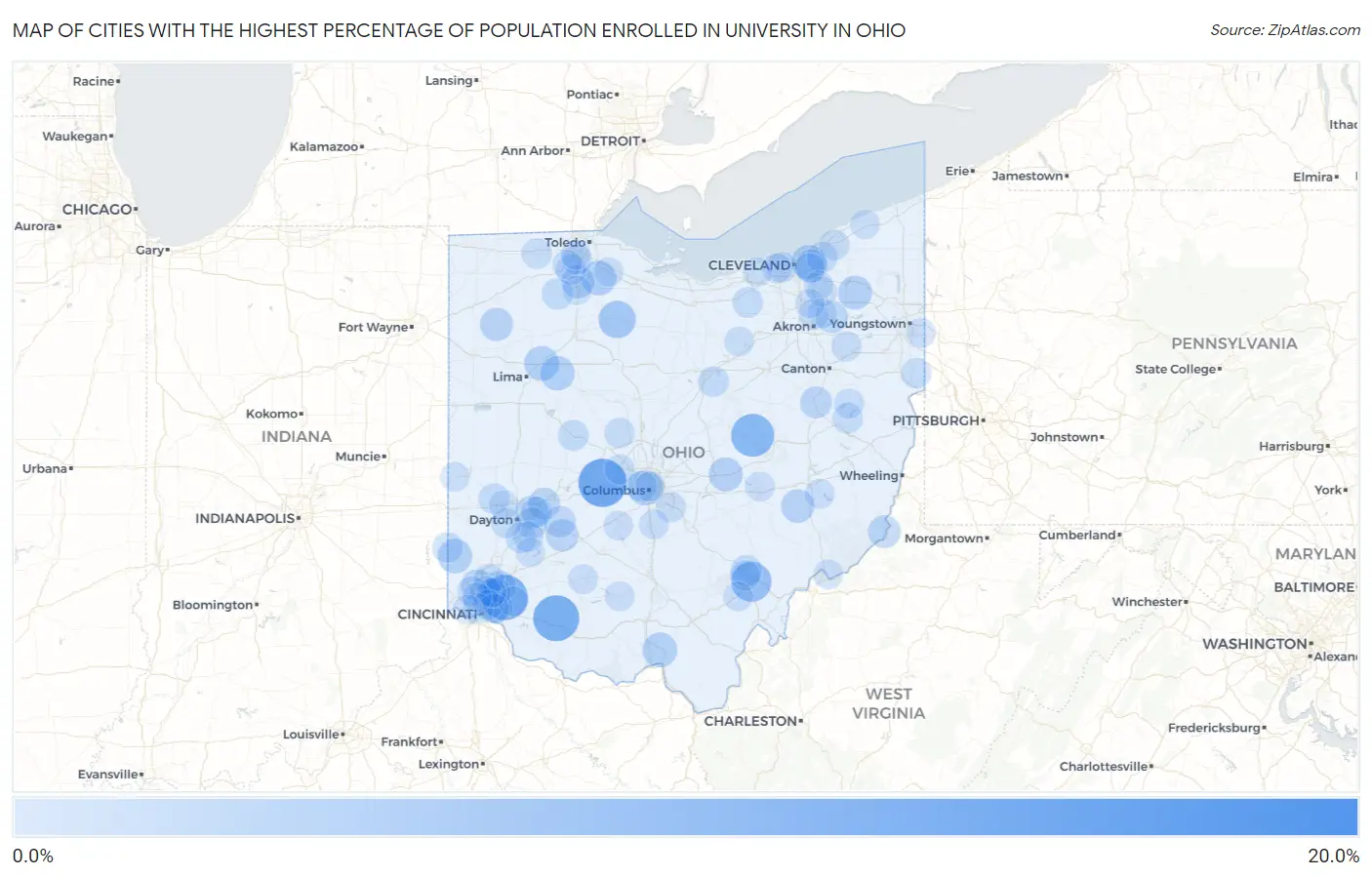 Cities with the Highest Percentage of Population Enrolled in University in Ohio Map