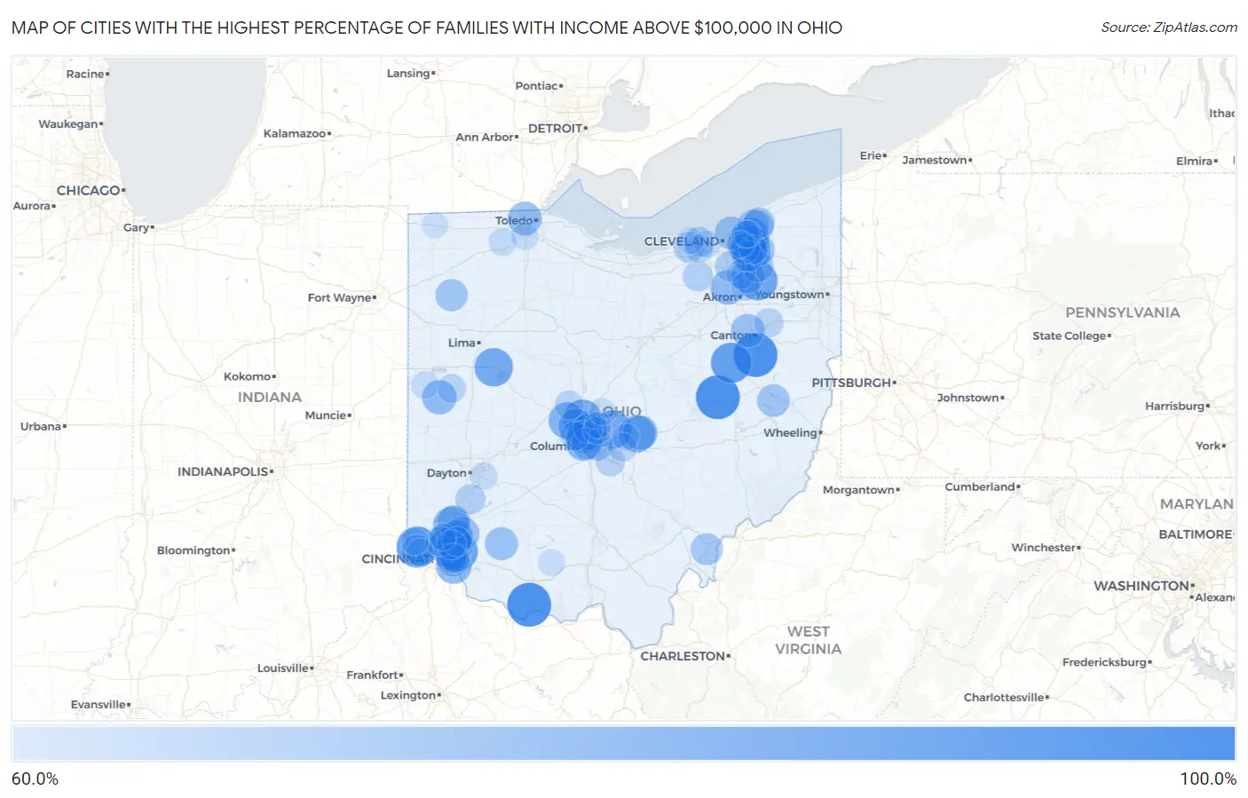 Cities with the Highest Percentage of Families with Income Above $100,000 in Ohio Map