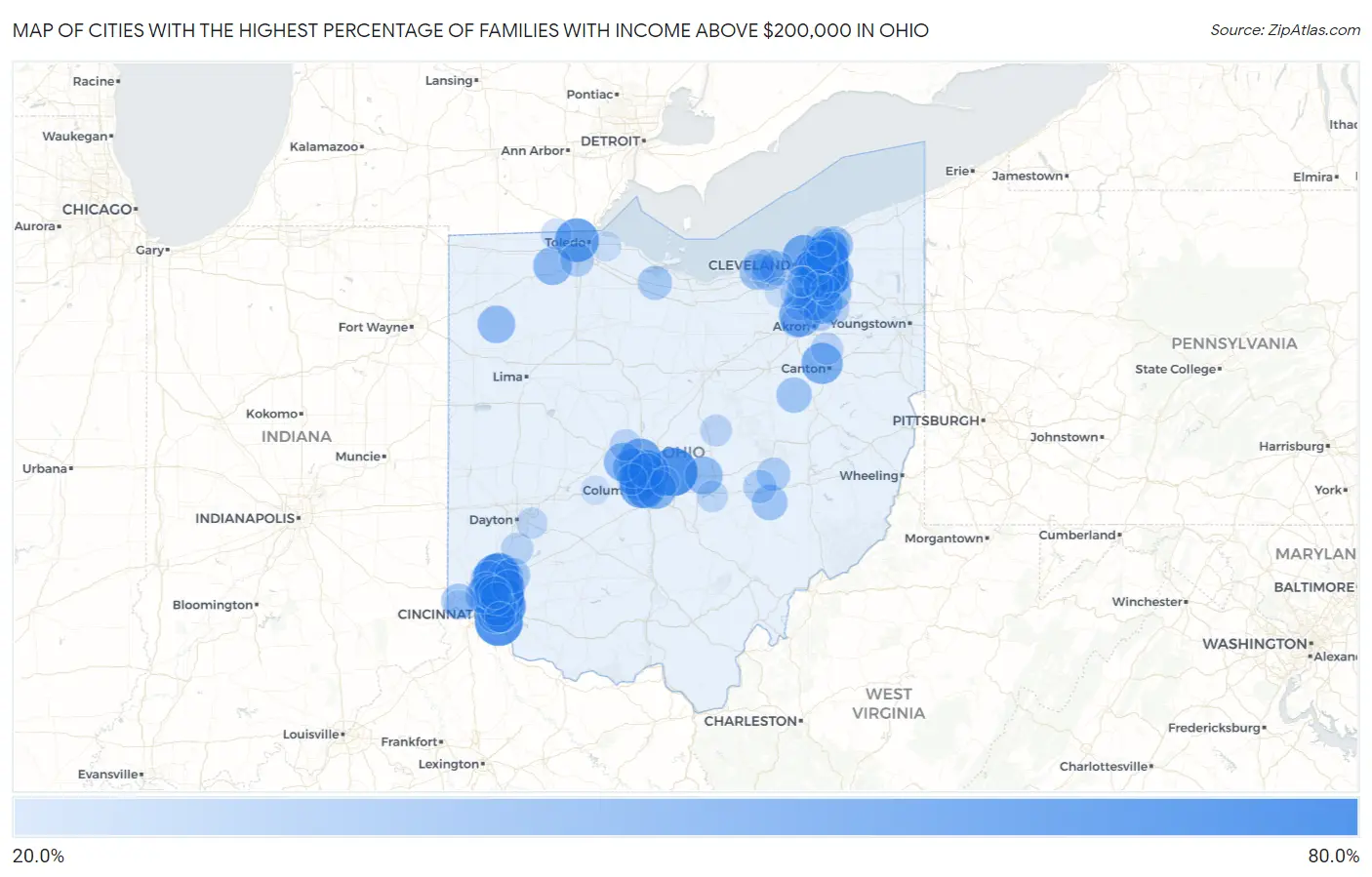 Cities with the Highest Percentage of Families with Income Above $200,000 in Ohio Map