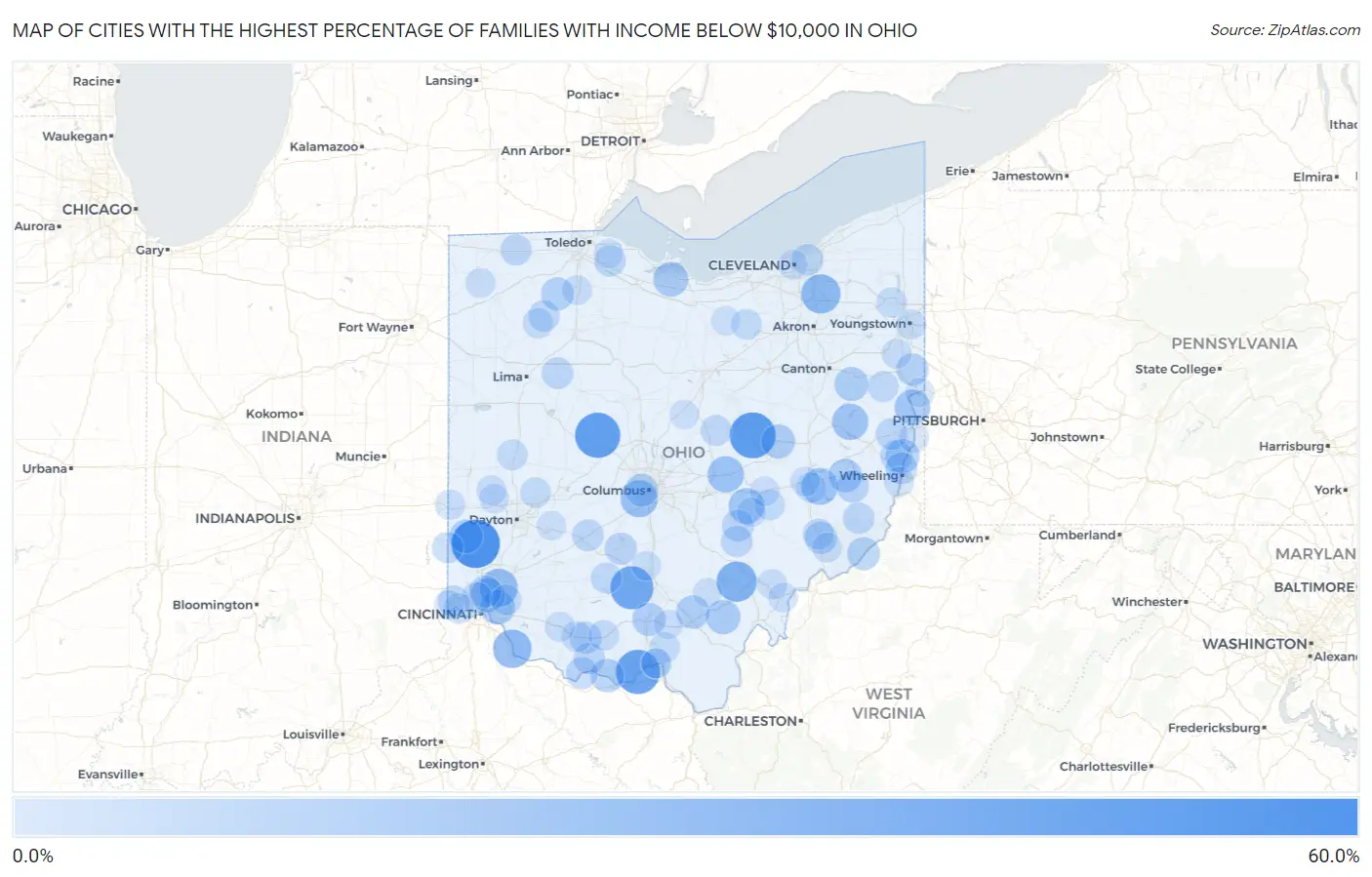 Cities with the Highest Percentage of Families with Income Below $10,000 in Ohio Map