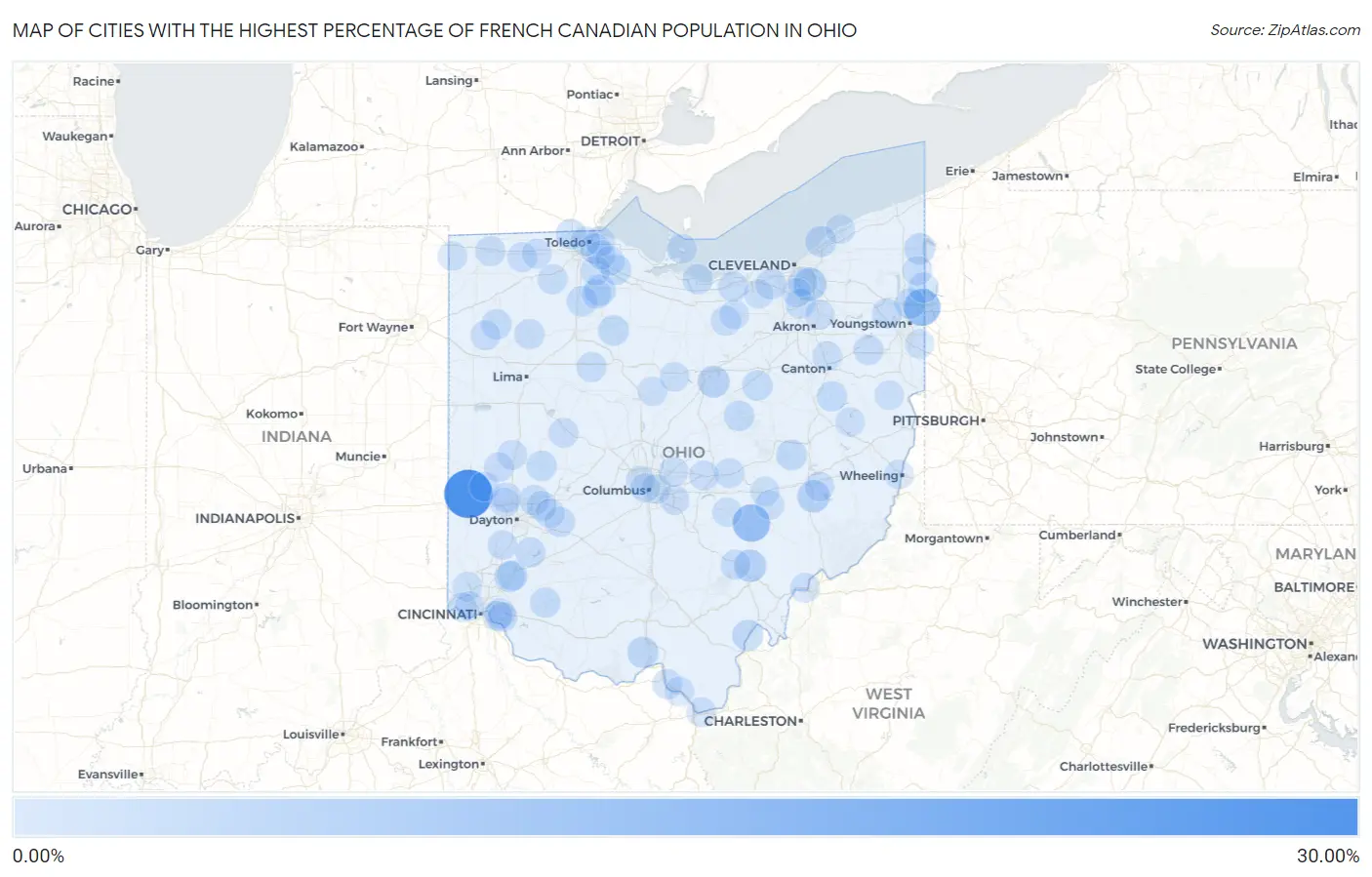 Cities with the Highest Percentage of French Canadian Population in Ohio Map