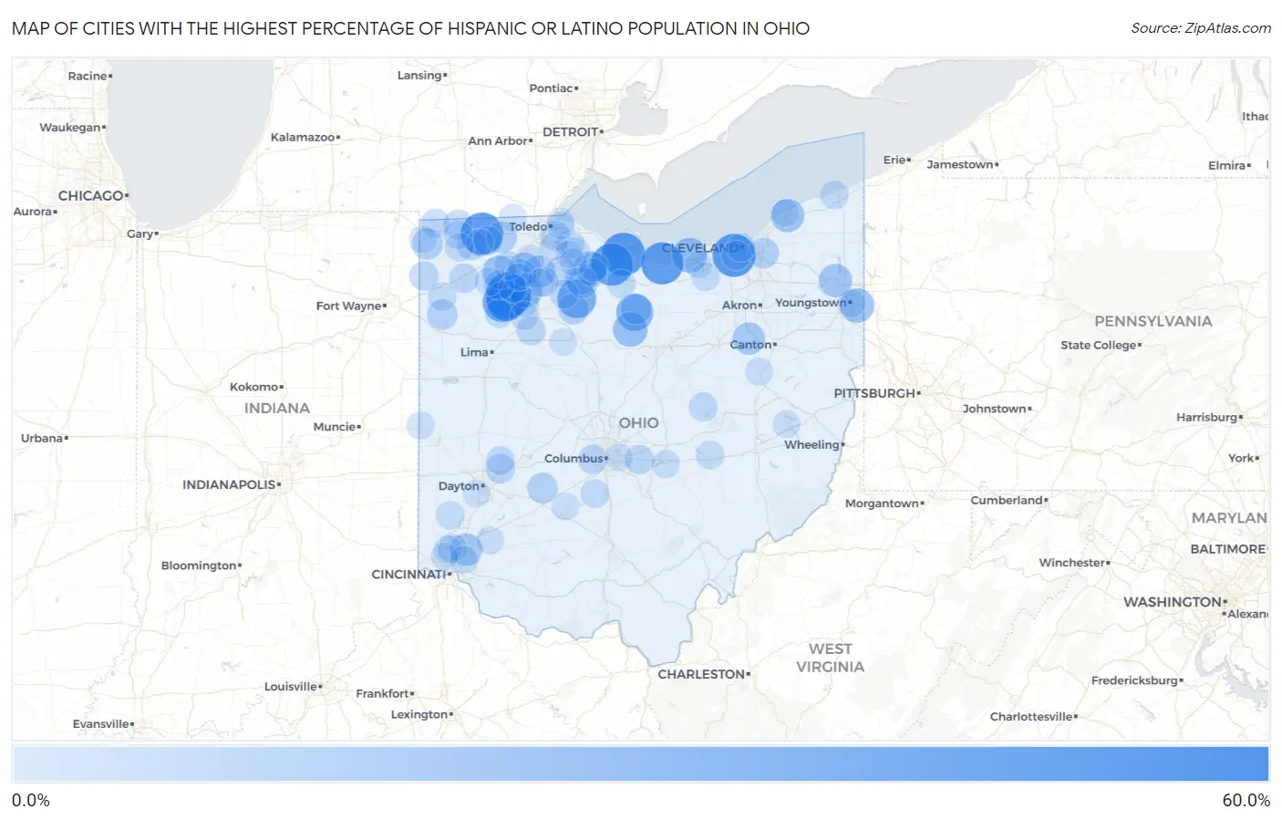 Cities with the Highest Percentage of Hispanic or Latino Population in Ohio Map